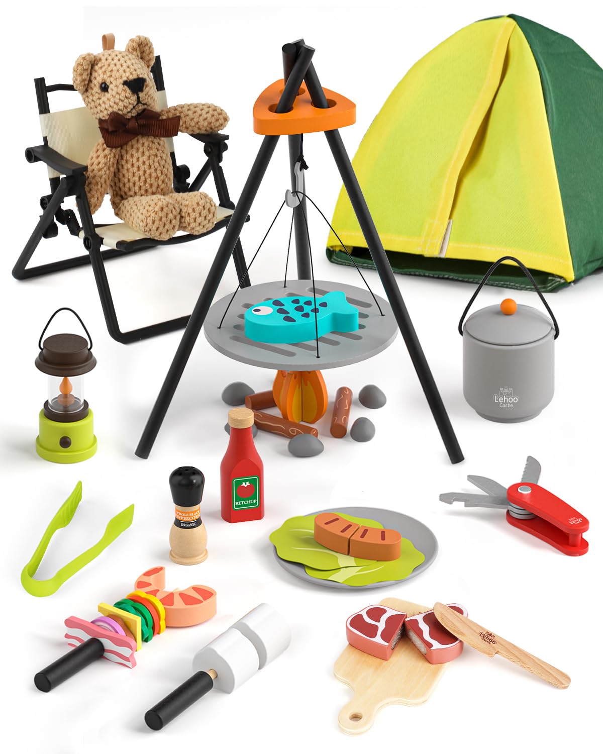 Lehoo Castle Kids Camping Set，Kids Camping Toys w/ Play Tent Campfire Toddlers，Pretend Play Camp Gear Tools Set，Wooden Camping Playset Cutting Food Play Kitchen，Outdoor Toys Toddlers 3 4 5 (WCT-001)