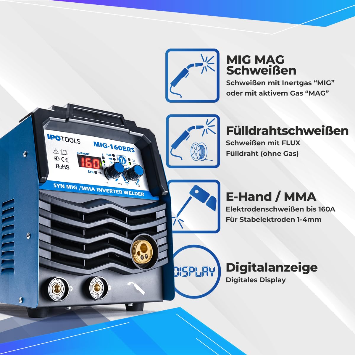IPOTOOLS MIG-160ERS 5in1 MIG MAG Schweißgerät - Schutzgas Schweissgerät mit 160 Ampere Inverter FLUX/Fülldrahtschweißgerät ohne Gas Elektroden/E-Hand geeignet/Digital/IGBT / 230V / 7 Jahre Garantie