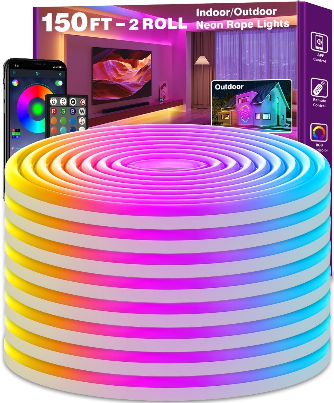 SINLEY Led Neon Rope Lights Control with App/Remote,Flexible Led Rope Lights,Multiple Modes,IP68 Outdoor RGB Neon Lights Waterproof,Music Sync Gaming Led Strip Lights for Bedroom Indoor (150FT)