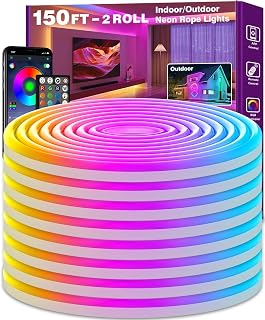 SINLEY Led Neon Rope Lights Control with App/Remote,Flexible Led Rope Lights,Multiple Modes,IP68 Outdoor RGB Neon Lights Waterproof,Music Sync Gaming Led Strip Lights for Bedroom Indoor (150FT)