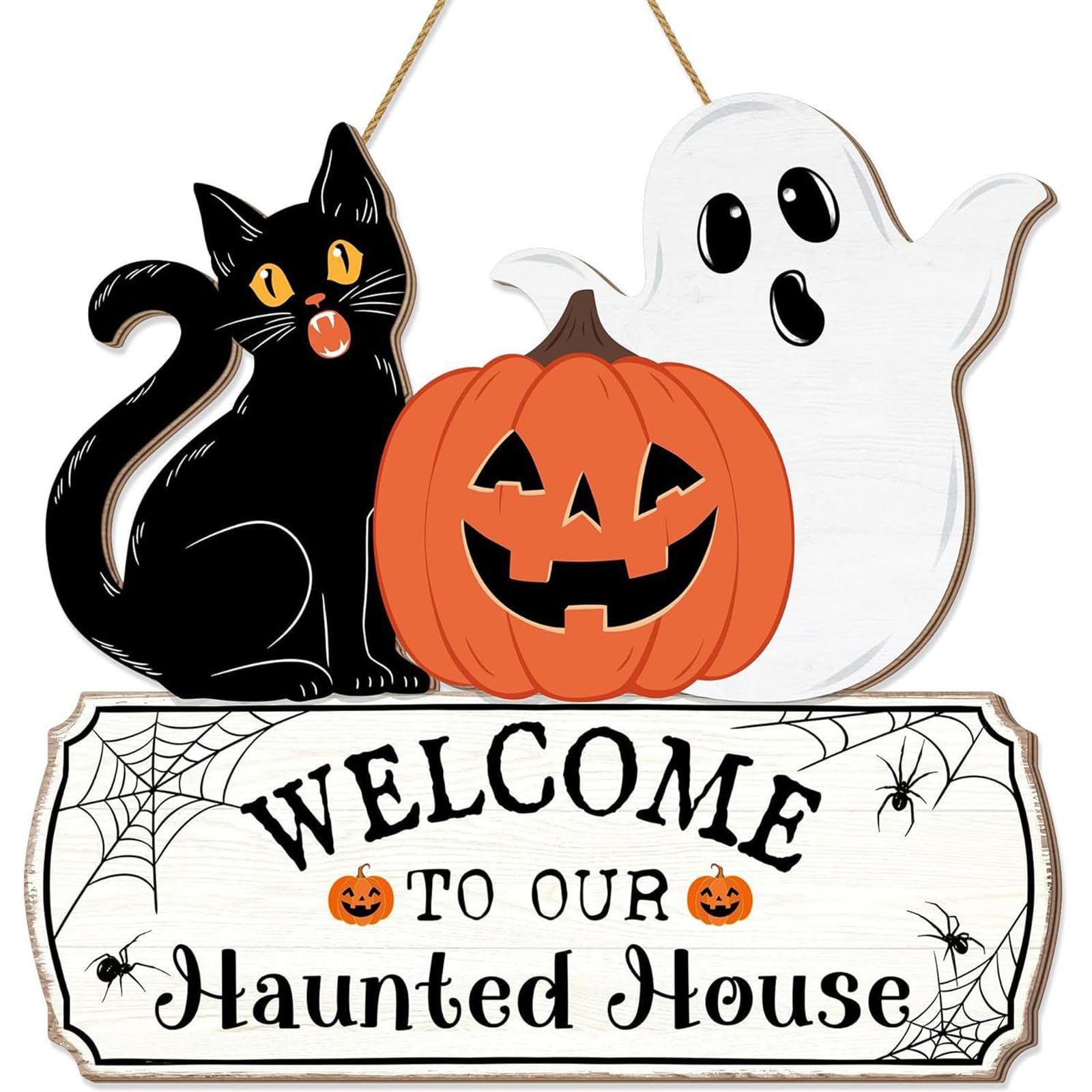 Sturdy Wooden Halloween Welcome Sign Decorated with Skeletons Pumpkins Holiday Wooden Signboard for Parties Hanging Skeleton Decoration