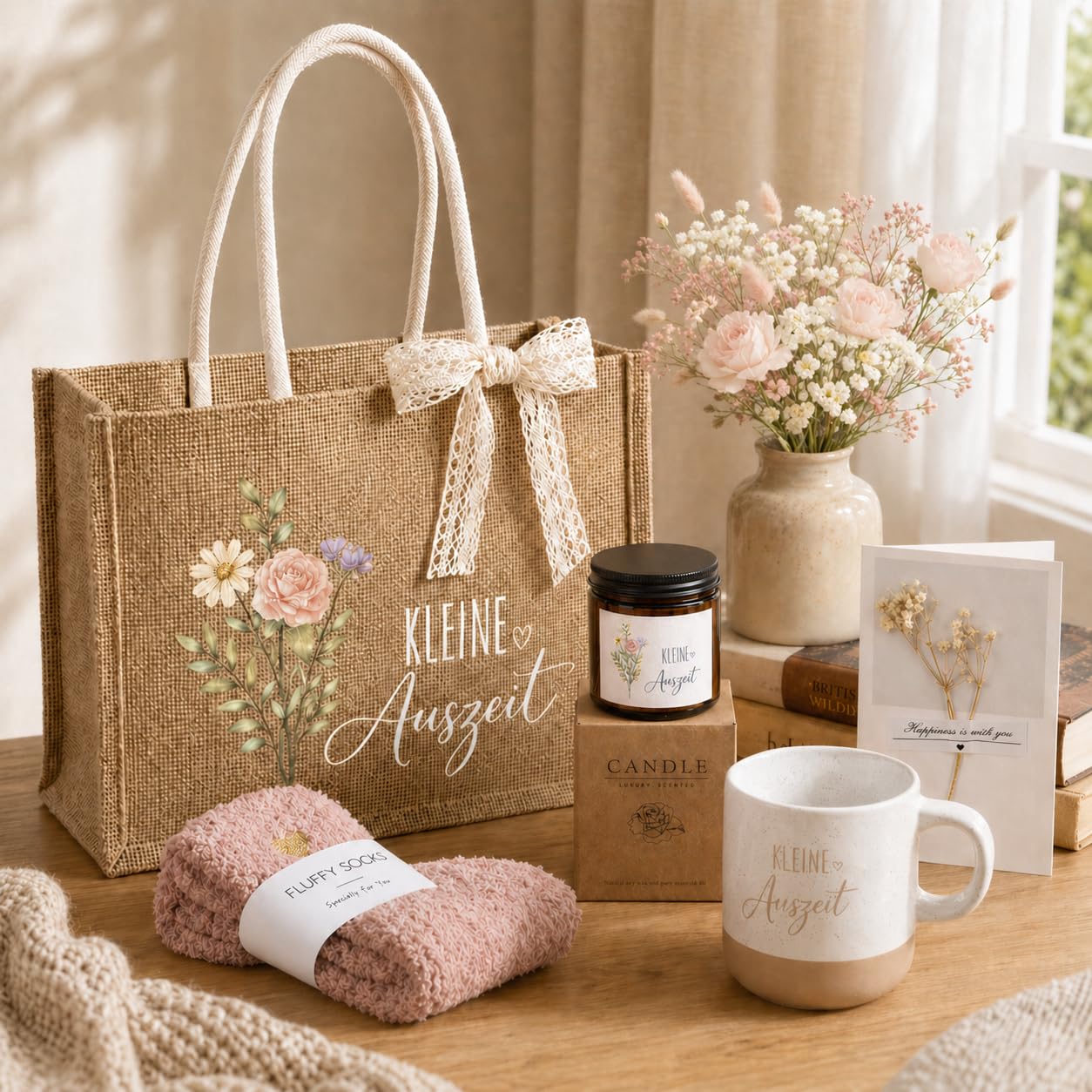 Geschenkset für Frauen Wellness Geschenke Kleine Auszeit Set mit Kerze Tasse Socken Rosa