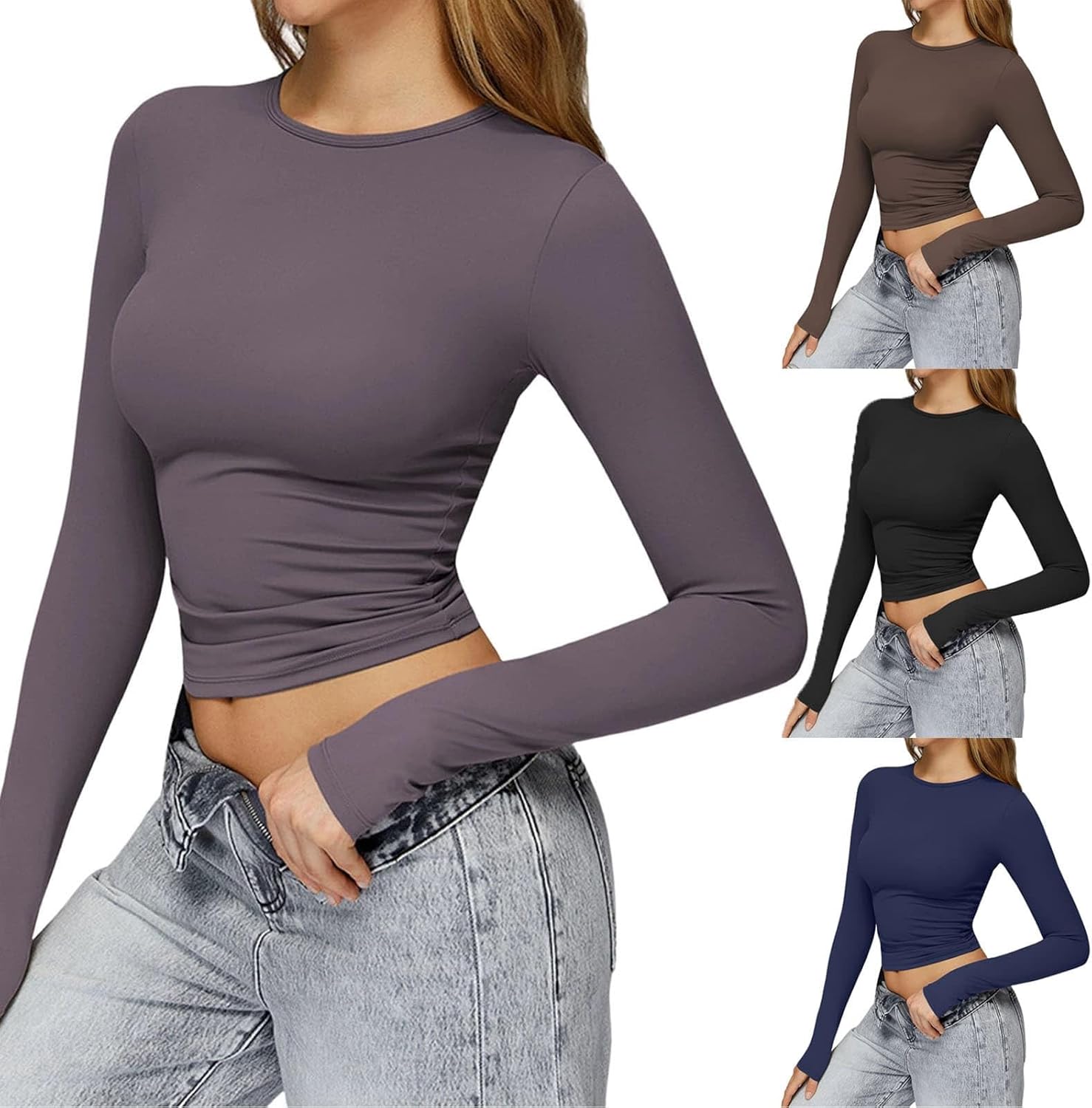 HGps8w Quick Dry Workout Crop Tops for Women Basic Solid Slim Fit Crewneck Long Sleeve Athletic Casual Tee Shirts