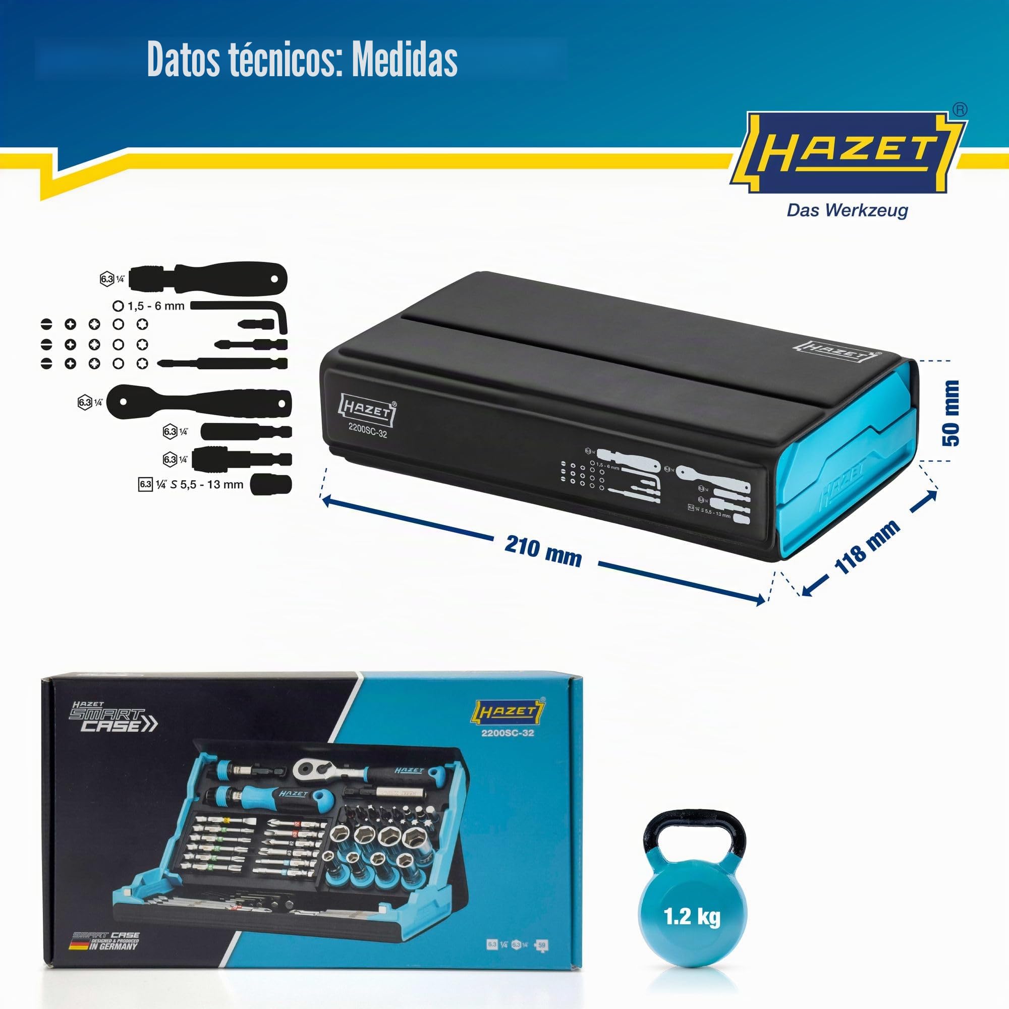HAZET Juego de puntas Smartcase 2200SC-32 I Juego de 59 piezas, accionamiento: hexagonal 6,3 (1/4 pulgada), muchas herramientas en el mínimo espacio para una mejor visión de conjunto