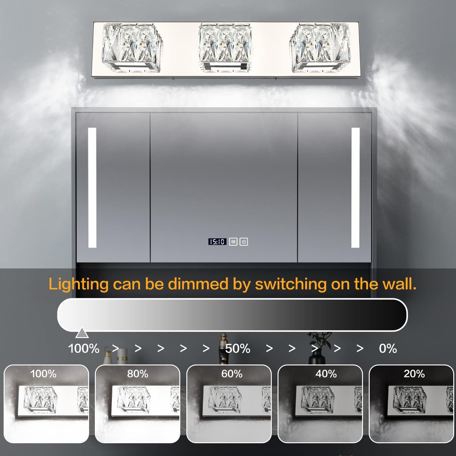 ZUZITO Chrome Bathroom Light Fixtures - Crystal 3 Lights Modern Bathroom Vanity Light - 18 Watt Dimmable LED Vanity Lights for Small Bath