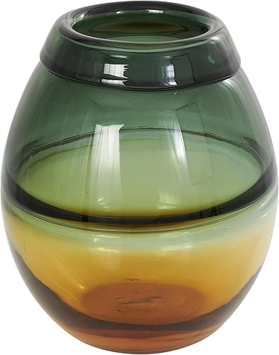 Deco 79 Jarrón de cristal hecho a mano con base amarilla, 9 x 9 x 11 pulgadas, verde