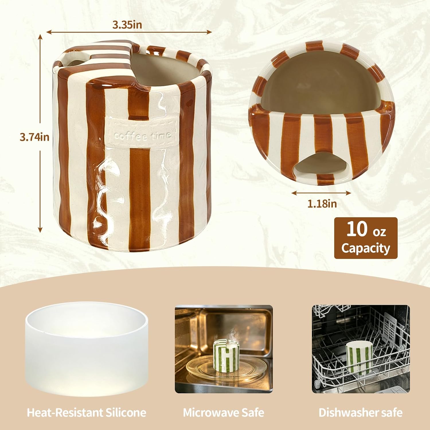 10oz Ceramic Coffee Mug with Sip Hole & Silicone Sleeve, Cute Novelty Hand-Painted Striped Porcelain, Microwave & Dishwasher Safe, Gift for Coffee Lover -Green, Brown, 2Pack
