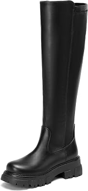 CouieCuies Womens knee high Boots Platform Rounded Toe Lug Sole Tall Boots Comfortable Side Zipper Wide Calf Dress Long Boot for Women
