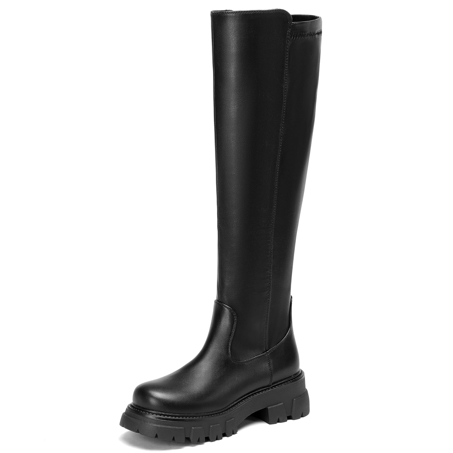 CouieCuies Womens knee high Boots Platform Rounded Toe Lug Sole Tall Boots Comfortable Side Zipper Wide Calf Dress