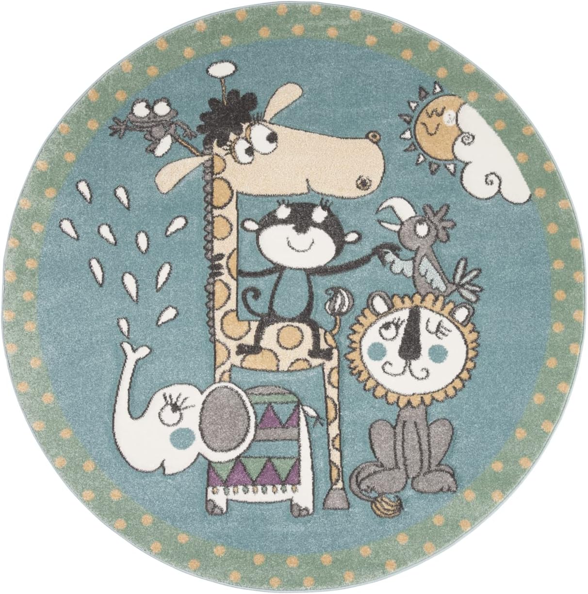 SAFAVIEH Carousel Kids Collection Area Rug - 5'3" Round, Ivory & Blue, Animal Design, Non-Shedding & Easy Care, Ideal for High Traffic Areas for Boys & Girls in Playroom, Nursery, Bedroom (CRK185A)
