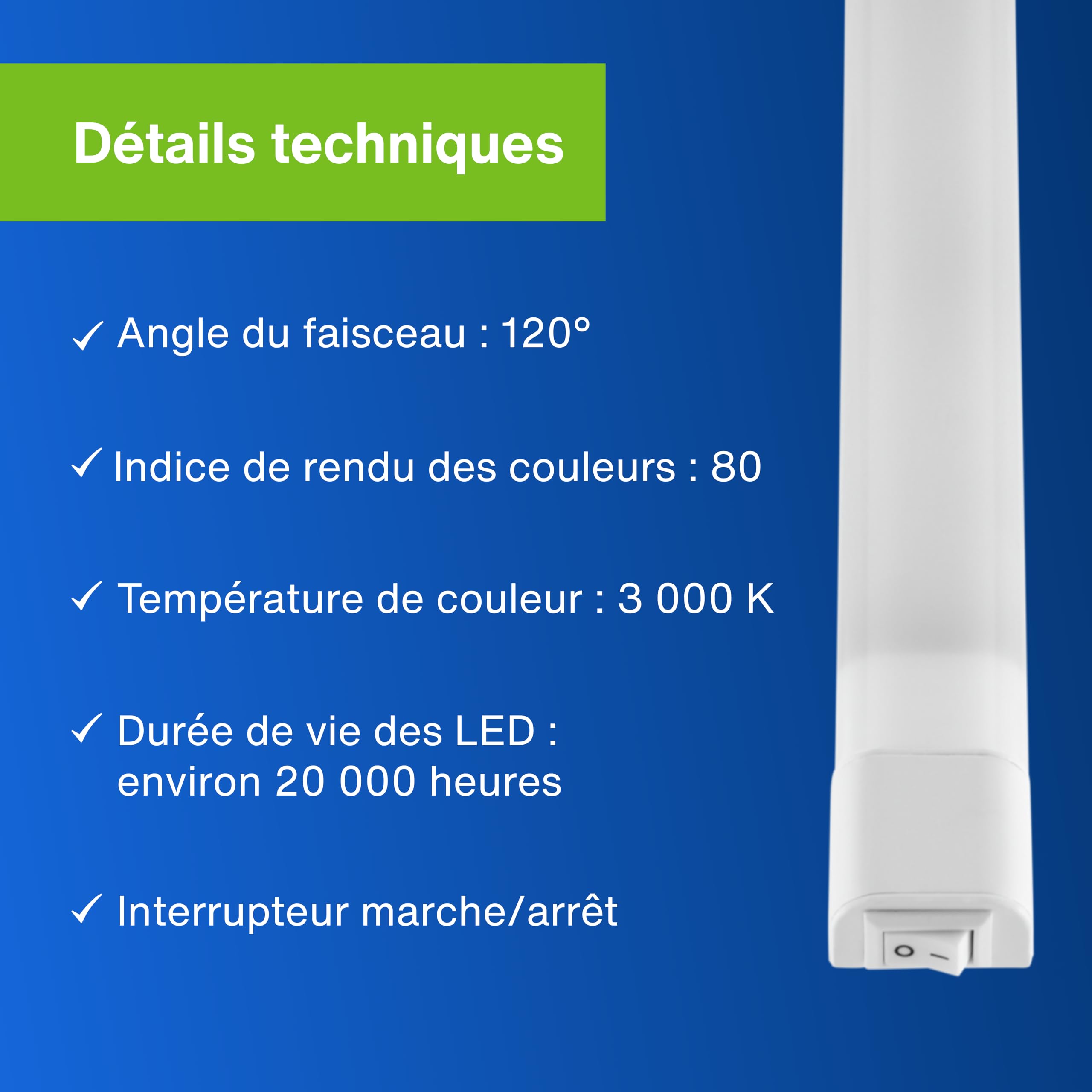 REV Réglette LED sous meuble 80 cm, 12 W, 1020 lm, blanc chaud, avec interrupteur, éclairage cuisine et placard, blanc