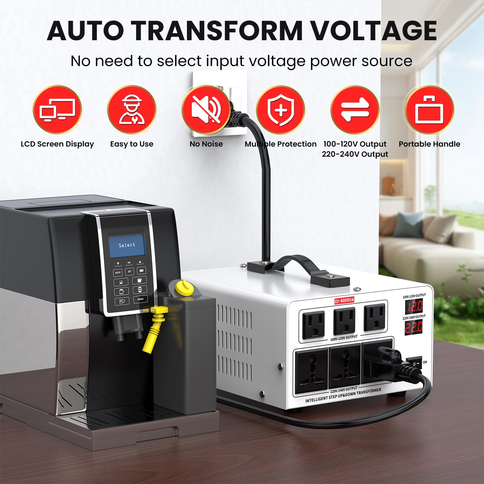 Trasformatore convertitore di tensione resistente da 6000 W - Step Up da 110 V a 220 V e Step Down da 220 V a 110 V, riconoscimento automatico dell'ingresso, 3 prese americane e 3 universali, display
