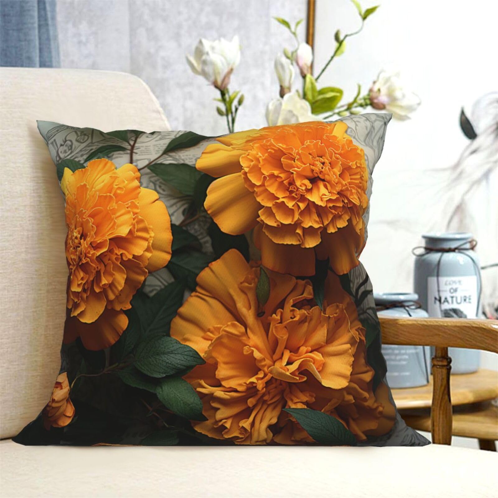 Fodpand Black Decorative Throw Pillow Covers 16"X16" Marigold Cushion Cases Square Modern Farmhouse Pillow Cases Soft Cozy Cushion Covers For Couch Sofa Bedroom Home Decor Pillowcase