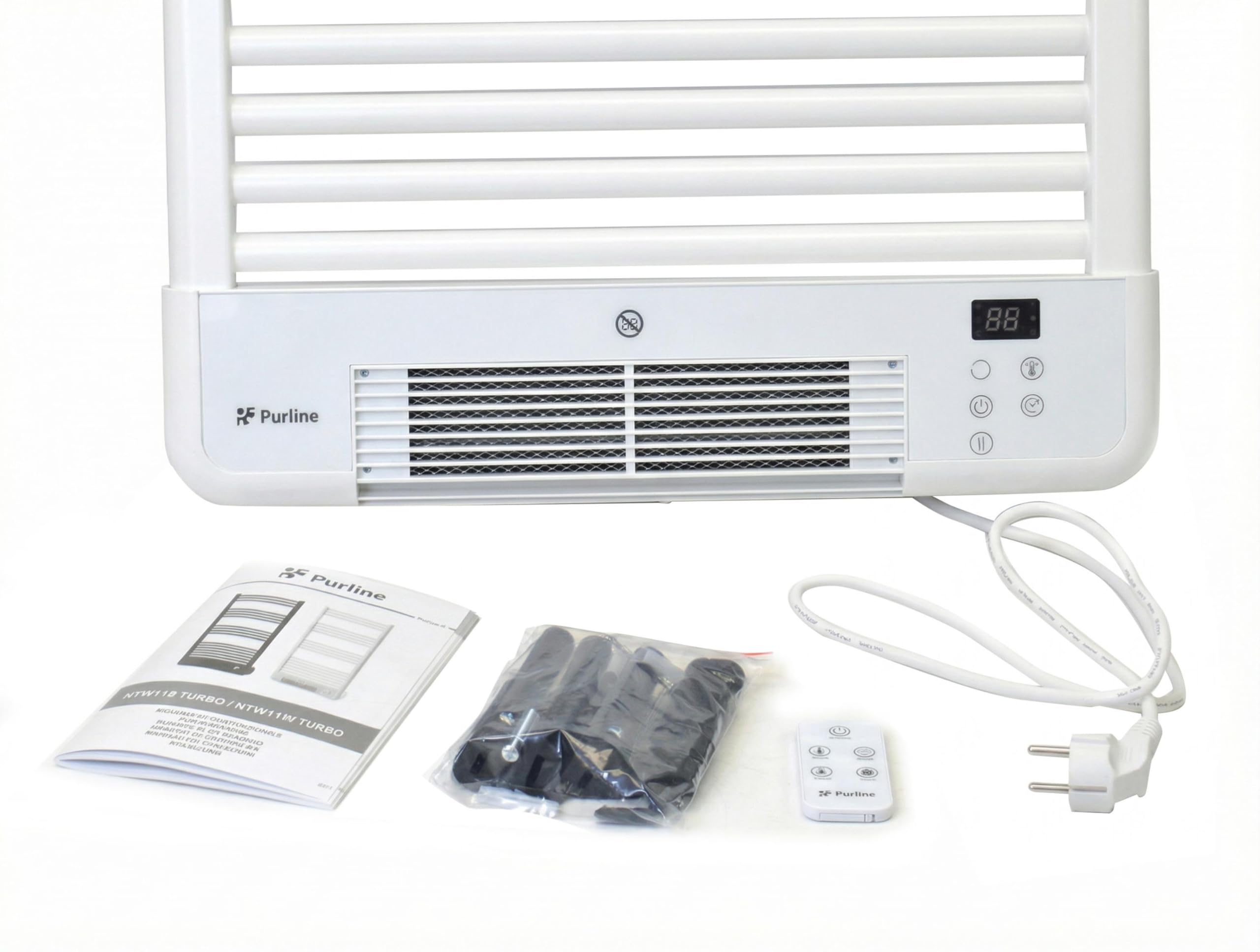 PUR LINE | Radiador NTW-11B Turbo Radiador Toallero Eléctrico Blanco con Calefactor Integrado – Toallero eléctrico con Control WiFi, Display LED táctil, termostato programable y protección IP24