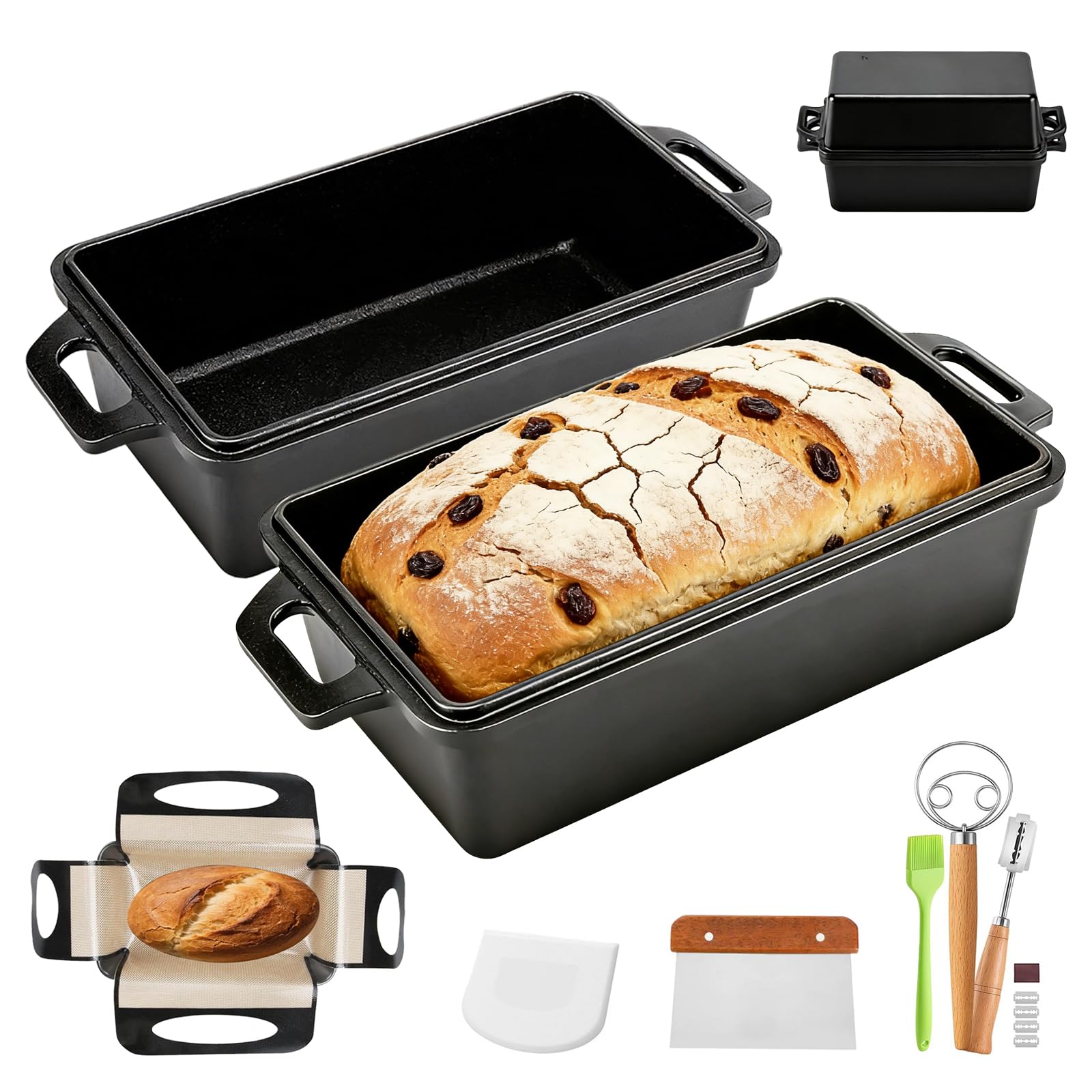 Marmite en Fonte, 2 en 1 Moule Pain de Mie avec Couvercle 30cm Matériel de Cuisson de Pain au Levain pour Cuire le Pain et Les Toasts