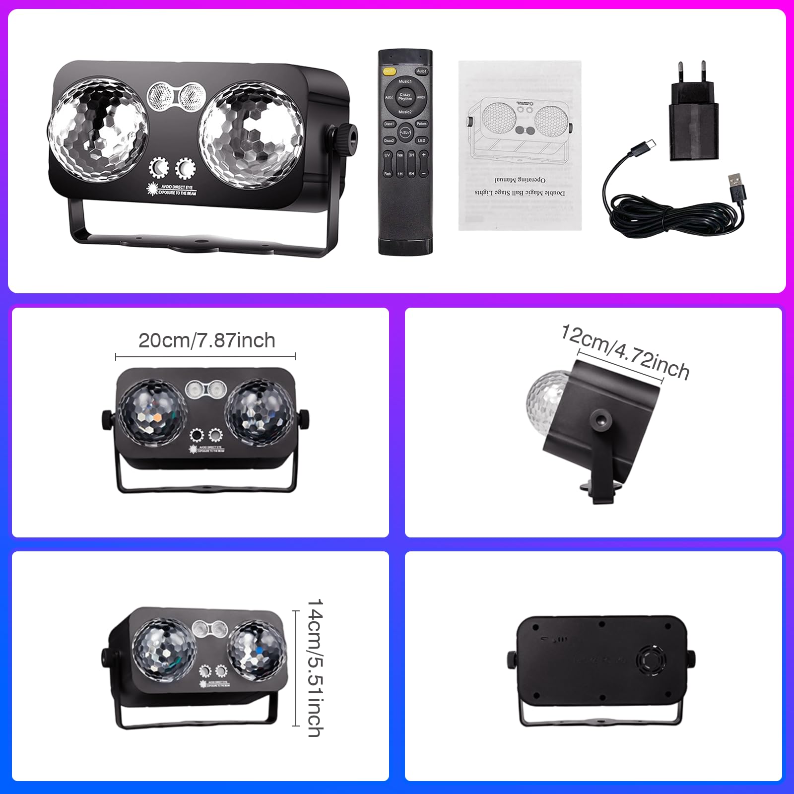 Tomshine 6 w 1 Oświetlenie Sceniczne LED – Lampa Imprezowa z Podwójną Kulką Disco, 64 Wzorami HD, UV, Migawką, Timerdem i Pilotem (idealna do urodzin, ślubów i dekoracji)