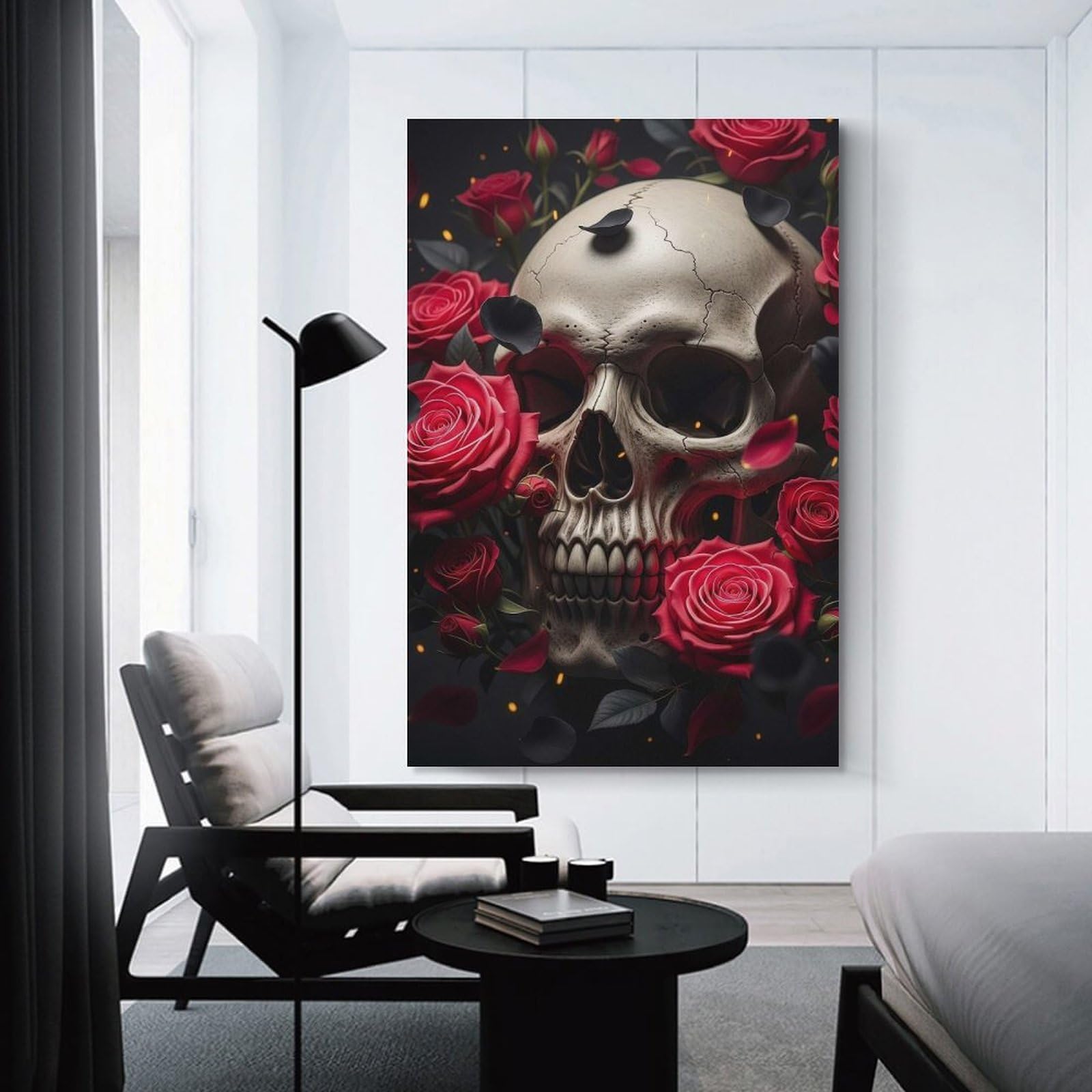 Junmoney Unframe-Style-12 Skull And Roses Dark Beauty Wall Decor Canvas Print, 20X30inch(50X75cm), For Lounge, Bedroom Or Personal Spaces, Thoughtful Wall Decor For Art Lovers