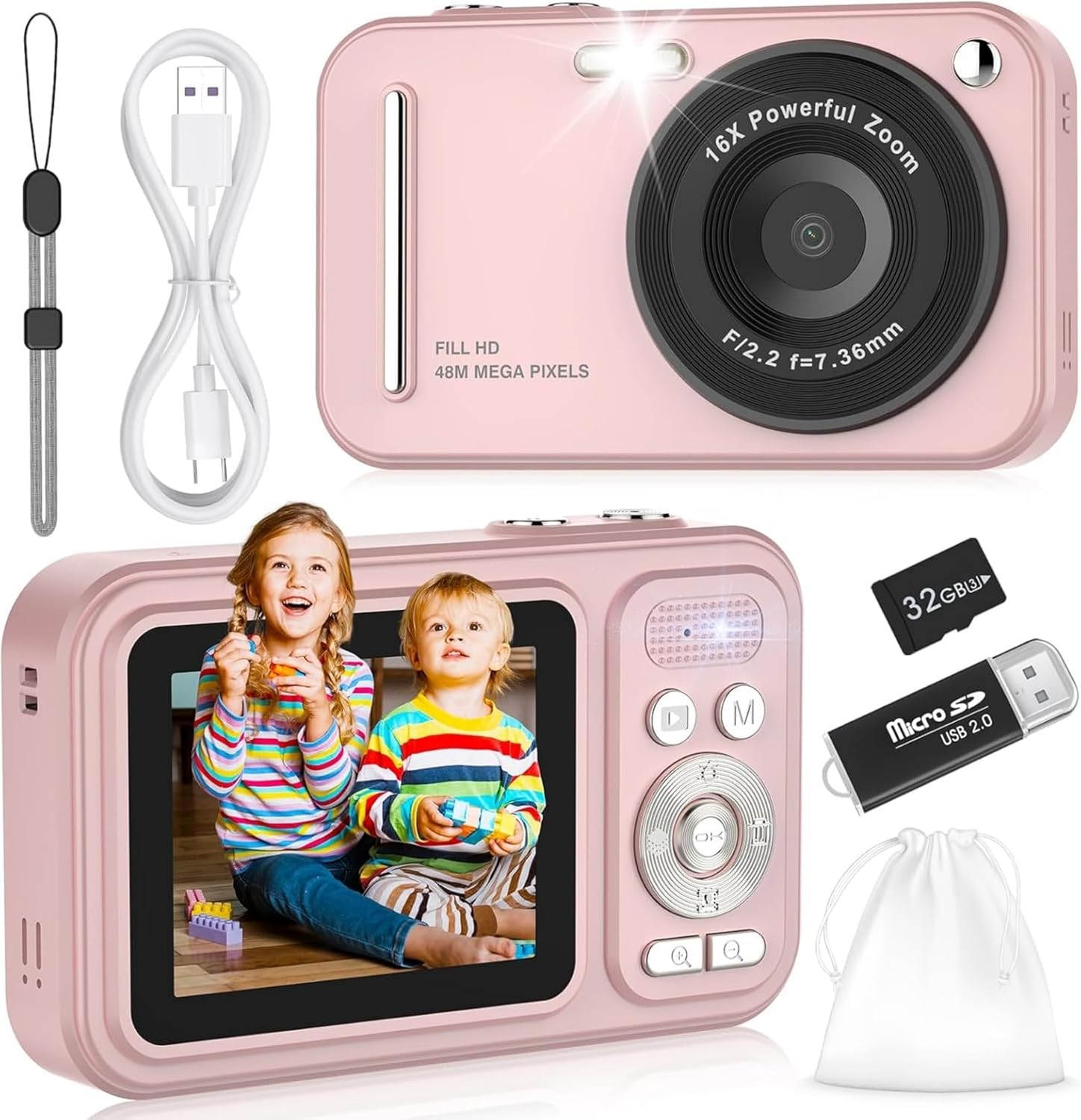 Product image of Digital Camera for Kids, WITYEAH 48MP FHD 1080P Point and Shoot Digital Cameras with 16X Zoom Anti-Shake, Compact Portable Cameras for Photography, for Boys Girls Teens Beginners-Pink