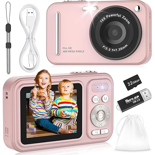 Digital Camera for Kids, WITYEAH 48MP FHD 1080P Point and Shoot Digital Cameras with 16X Zoom Anti-Shake, Compact Portable Cameras for Photography, for Boys Girls Teens Beginners-Pink
