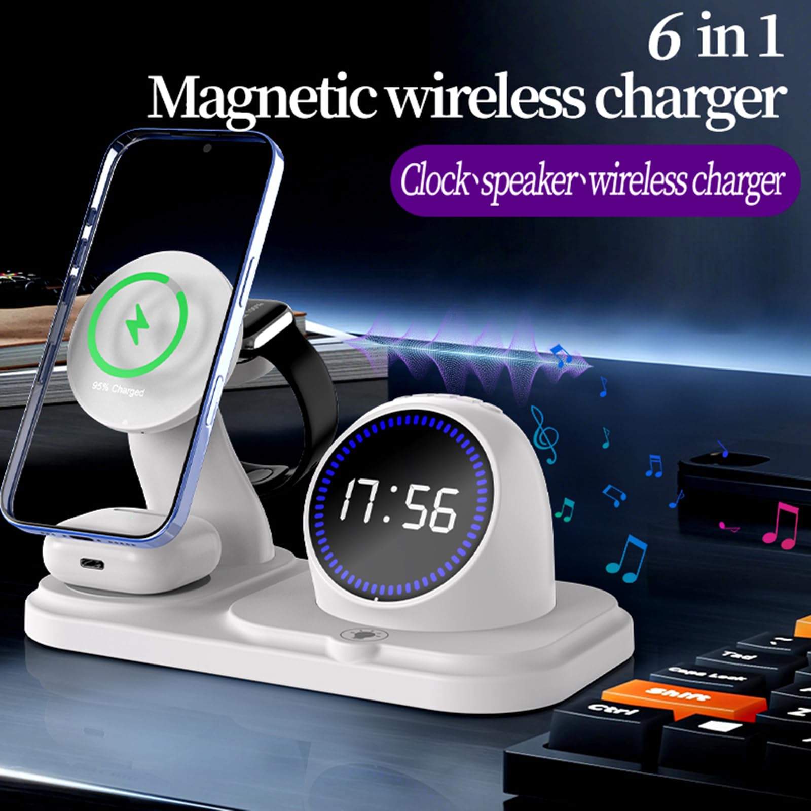 Base de carga de 15 W con altavoces de reloj para reloj, color negro