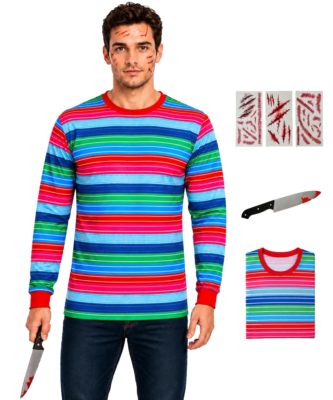 Colorful Costume Horror Striped Long-sleeve Tops with Stickers Model-knife for Adult