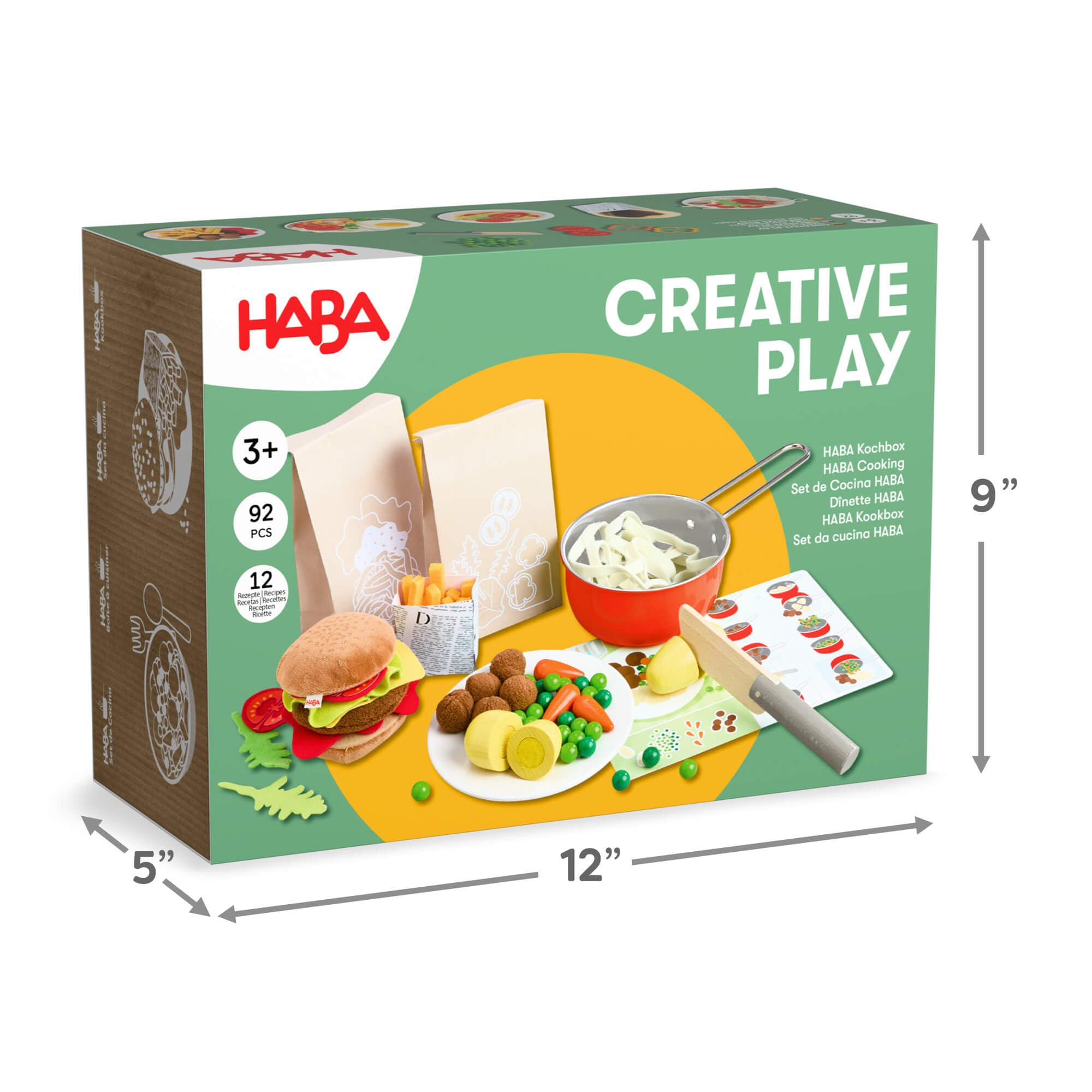 HABA Creative Play Fresh Box – zabawka spożywcza z drewna i tkaniny, z kartami z przepisami do uzupełniania gotowania, akcesoria do kuchni zabaw i sklepu handlowego, od 3 lat, 2012310001