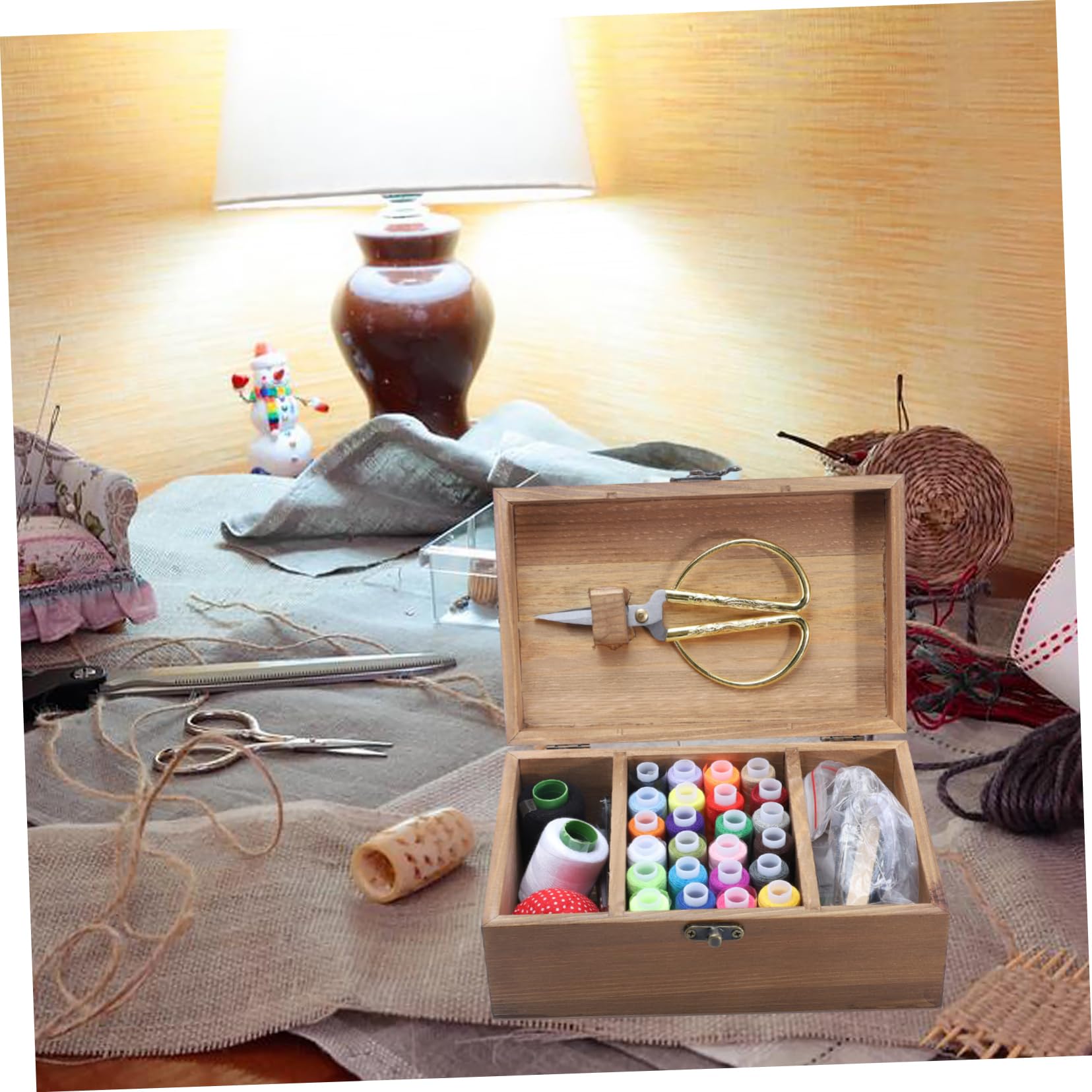 Kit de Costura para Almacenar Agujas, Hilos y Tijeras Retro de Madera Natural Gran Capacidad Adecuado para Proyectos DIY de Costura en Casa