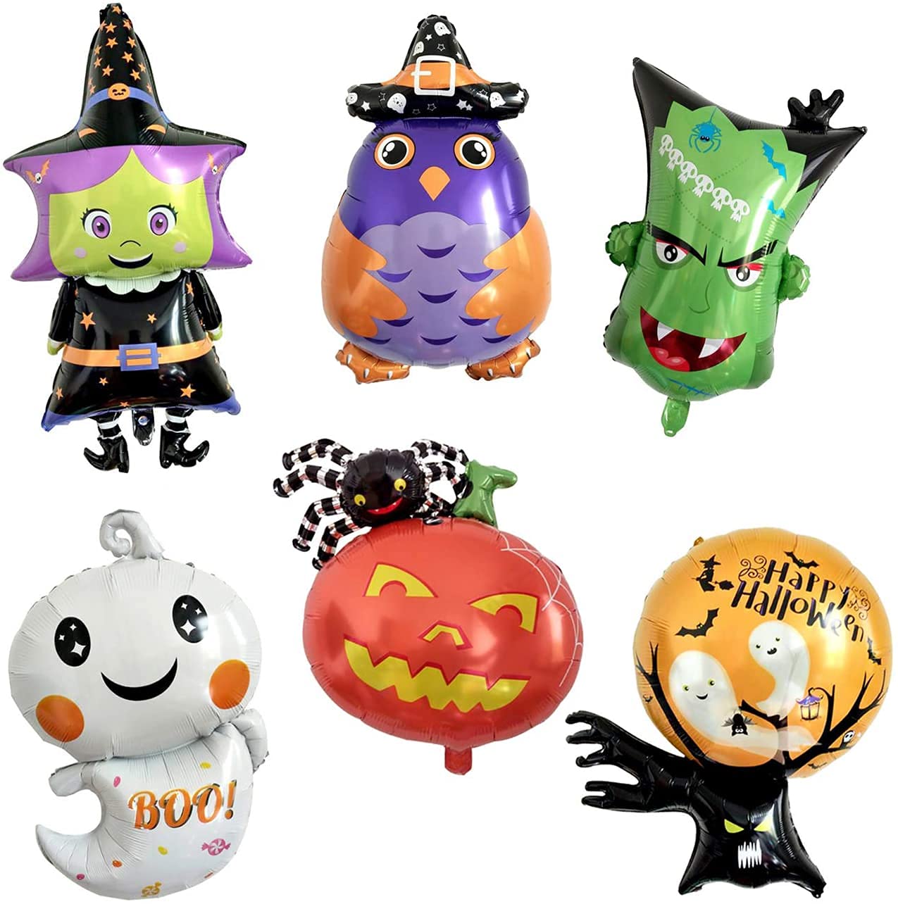 The Orb Factory Pengpen 6pcs Halloween Balloons Halloween Foil Balloons Witch Ghost Owl Wizard Pumpkin Spider Monster Ghost Tree Giant Balloon Decoration Party Supplies