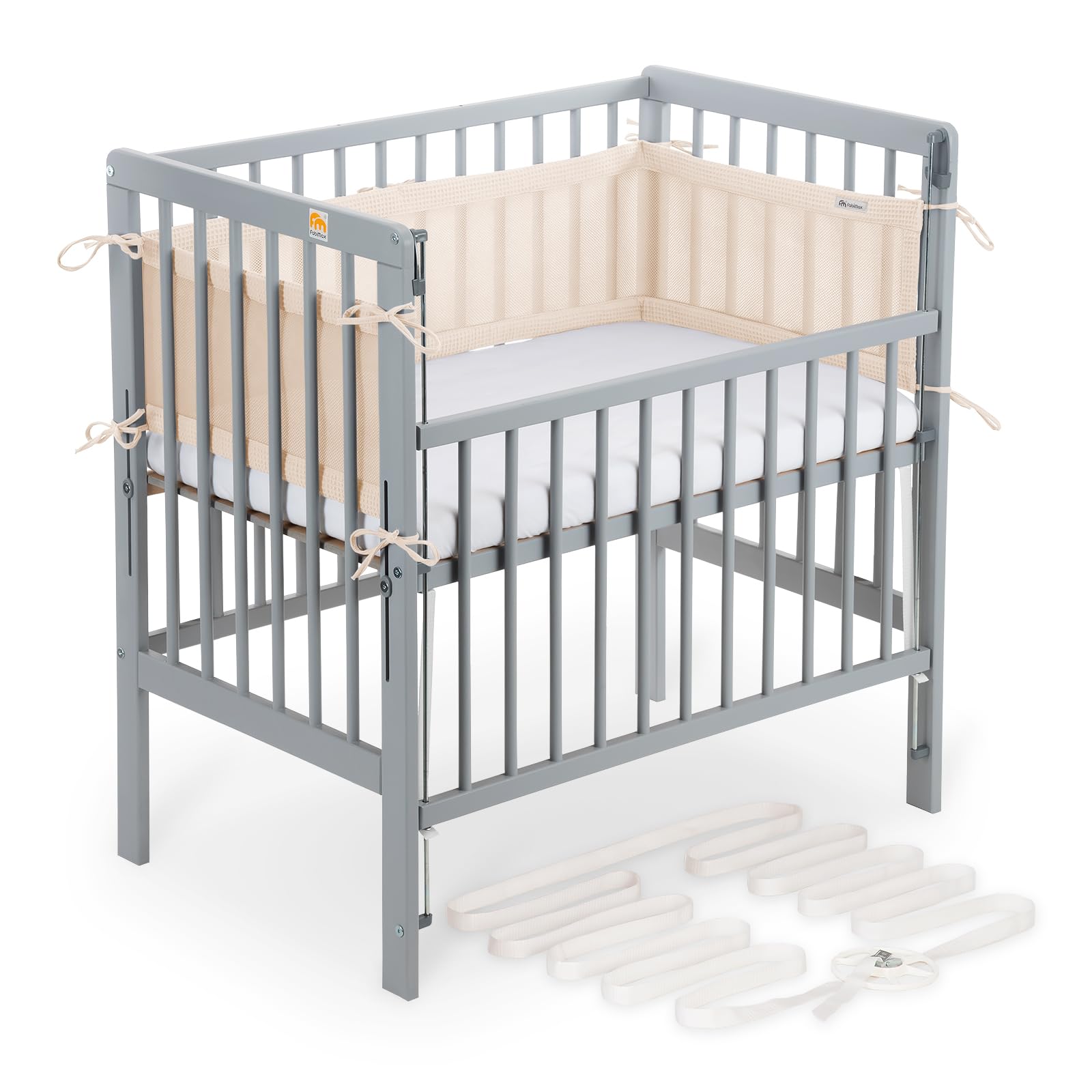 FabiMax Boxspring Baby Beistellbett Flex 90x55, aus Buchenholz grau lackiert, mit innovativem verstellbarem Seitengitter, passend für Boxspringbetten (Matratze Classic, Beige)