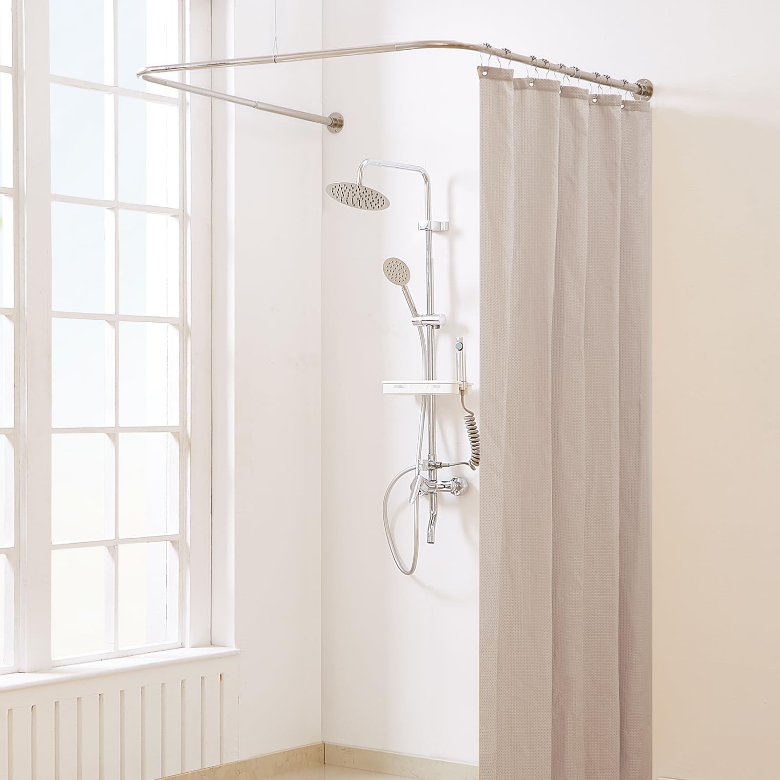 Bastone Tenda Doccia a Forma di U, [Entrambi i lati: 60 cm - 132 cm, Medio: 76,2 cm - 116,8 cm] Barra Doccia Angolare Regolabile per il Bagno con 12 Ganci e Supporto per Soffitto