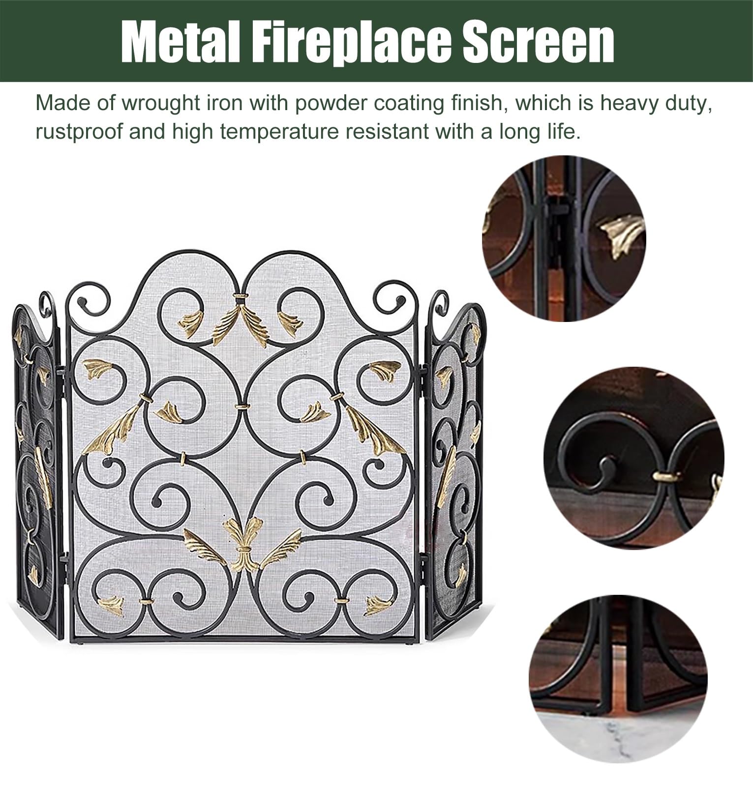 Salvachispas Chimenea Mamparas Negras para Chimenea de 55" de Ancho X 35" de Alto, Cubierta Protectora Plana de 3 Paneles para Estufa de Leña Rústica Vintage, Malla Plegable Antichispas para Leña