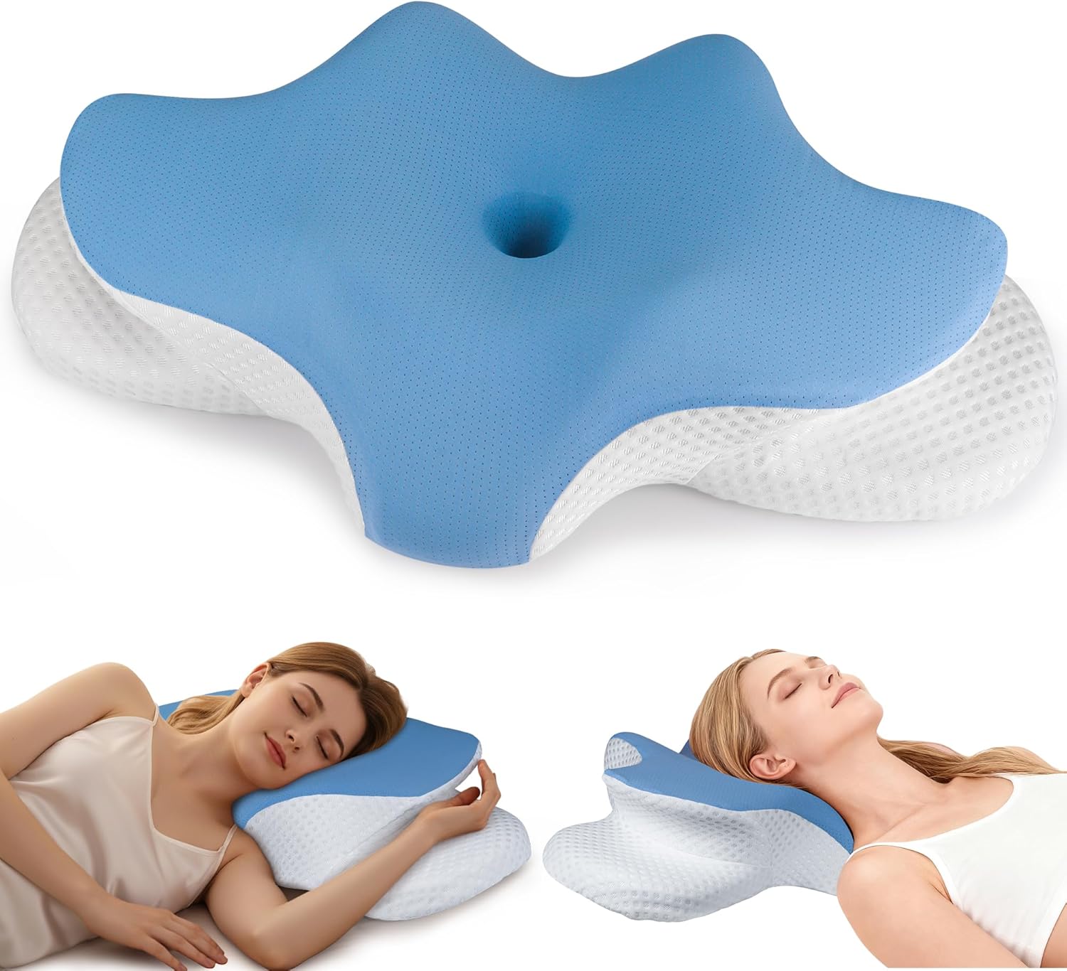 Cervical Neck Pillow for Pain Relief, Ergonomic Contour Pillow for Sleeping, 2 Heights Cooling Pillow for Neck and Shoulder Support, Memory Foam Orthopedic Pillow for Side Back Stomach Sleepers Blue