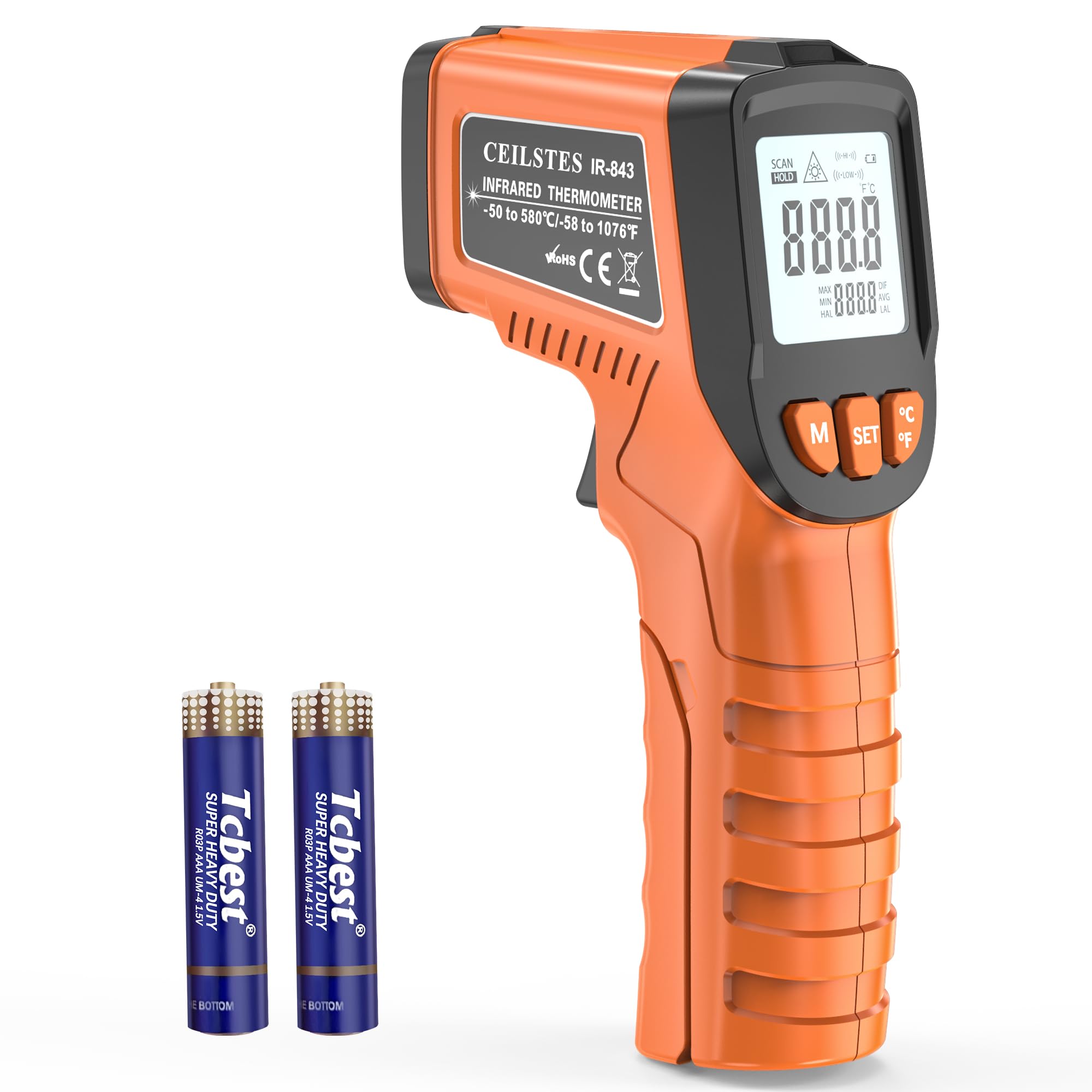 Pistola termometro a infrarossi, pistola a temperatura a infrarossi per cucinare, termometro laser da -58 °C a 580 °C, con emissione regolabile e max/min, adatta per industria, forni, HVAC