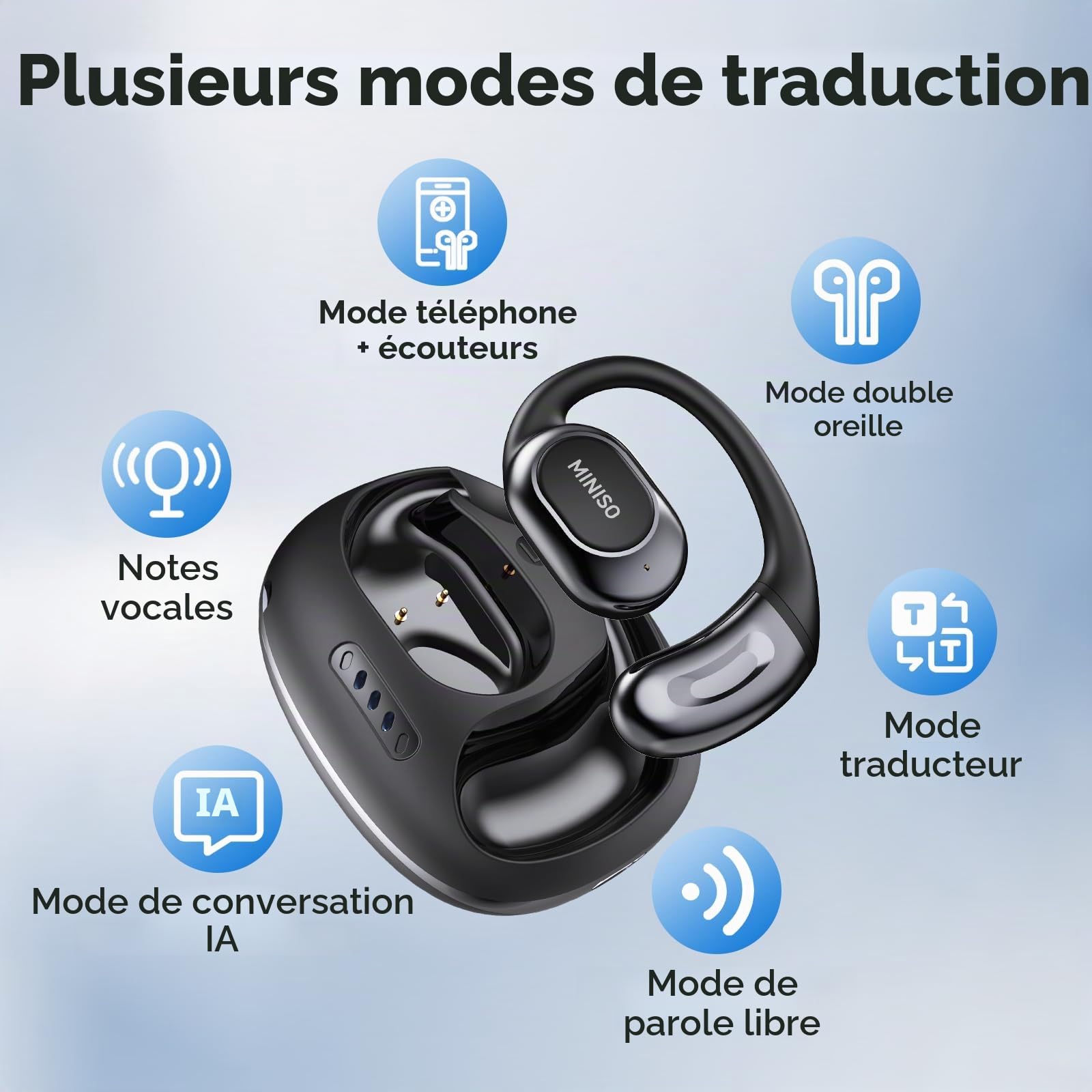 MINISO MS156 AI Ecouteur Traducteur, Ecouteur Traducteur Instantané 3 en 1 en Temps Réel avec Fonction de Traduction IA, Traducteur 134 Langues Écouteurs pour Affaires, Voyages et études