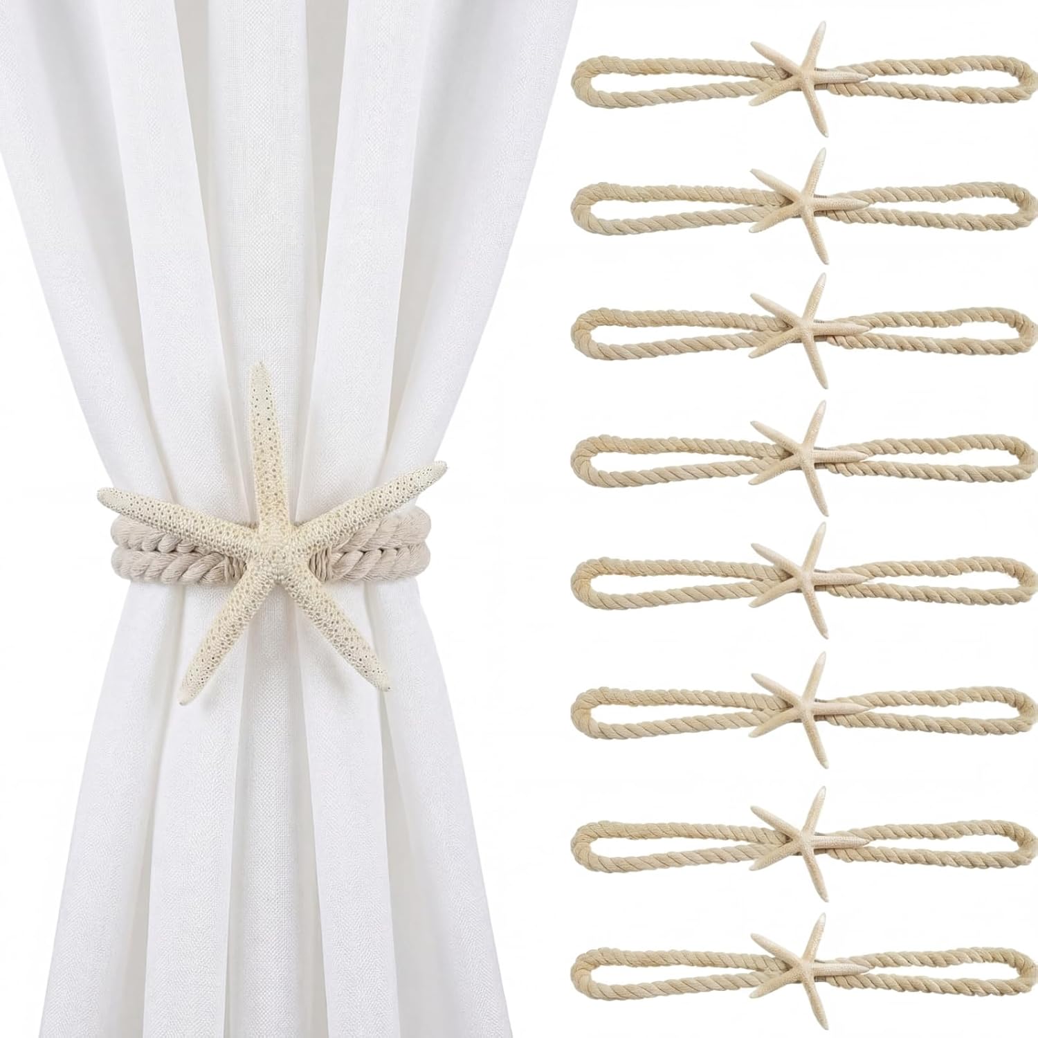 8 Pcs Natural Starfish Curtain Tiebacks Handmade Woven Rope Curtain Ties Blinds Accessories for Outdoor Home Office Hotel Living Room Decoration