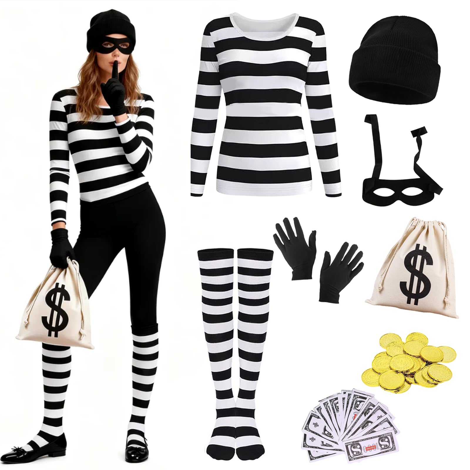 8 Pcs Robber Costume Women Set, Burglar Costume Fancy Dress, Adult Robber Thief Outfits with Hat Mask Top Gold Coins Socks Gloves Wallet Fake Bills for Cosplay Halloween Carnival World Book Day (XL)