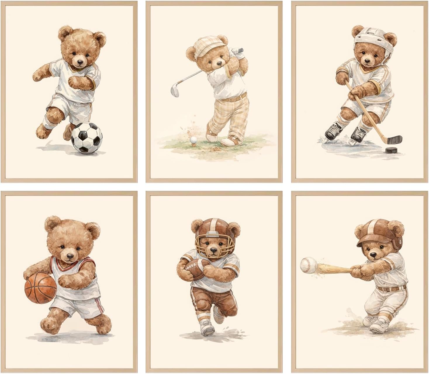 6Pcs Sports Teddy Bear Nursery Wall Art Kids Vintage Cute Animal Wall Decor Pictures Golf Baseball Rugby Canvas Posters Prints for Children Bedroom Playroom Home Decoration 12x16in Unframed