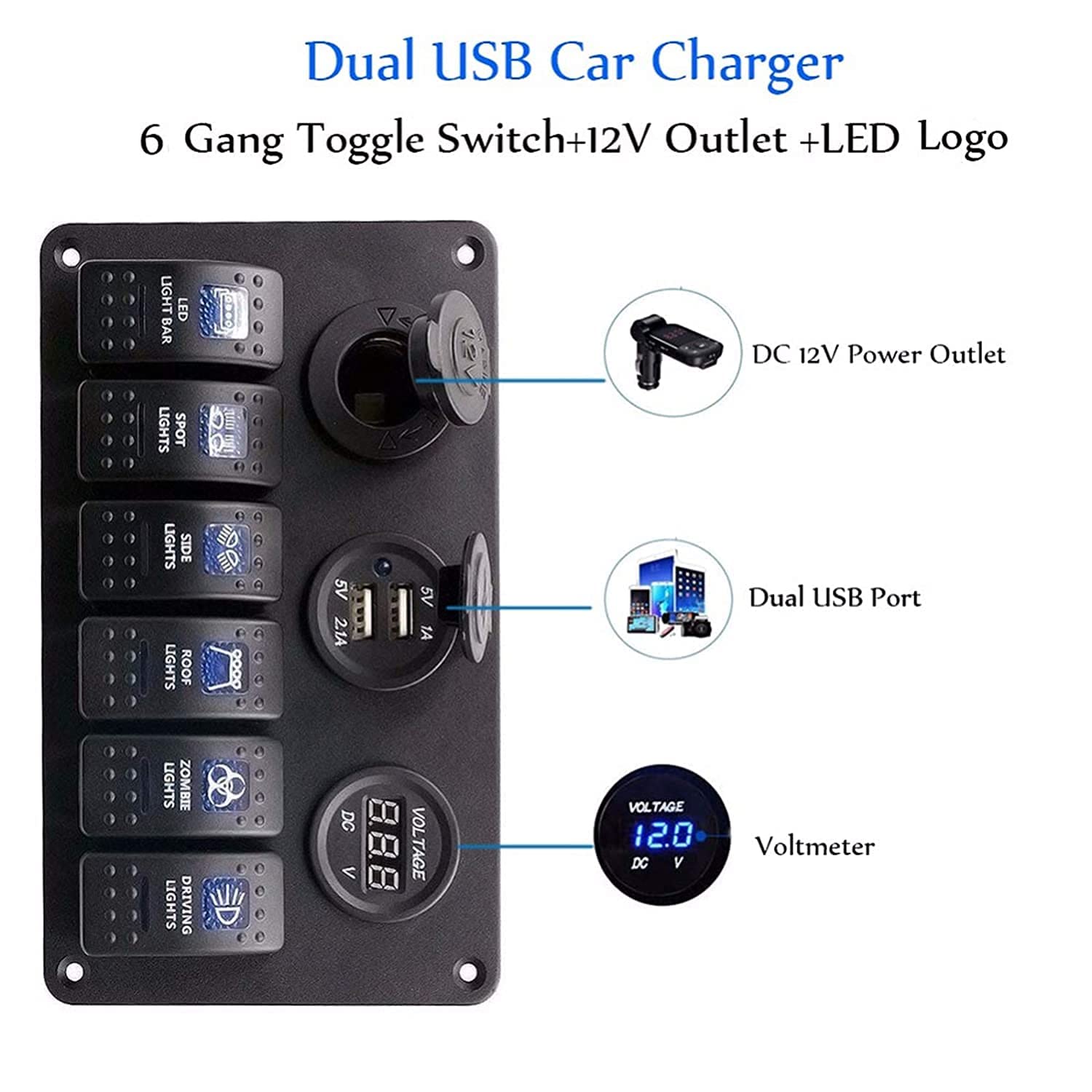KAOLALI Wippschalter, Hebelschalter mit 3/6/8 Schaltern + Zigarettenanzünder 12 V + Voltmeter + 3,1 A Doppel-USB-Ladegerät für Wohnmobil, Wohnwagen, Boot, Auto, RV