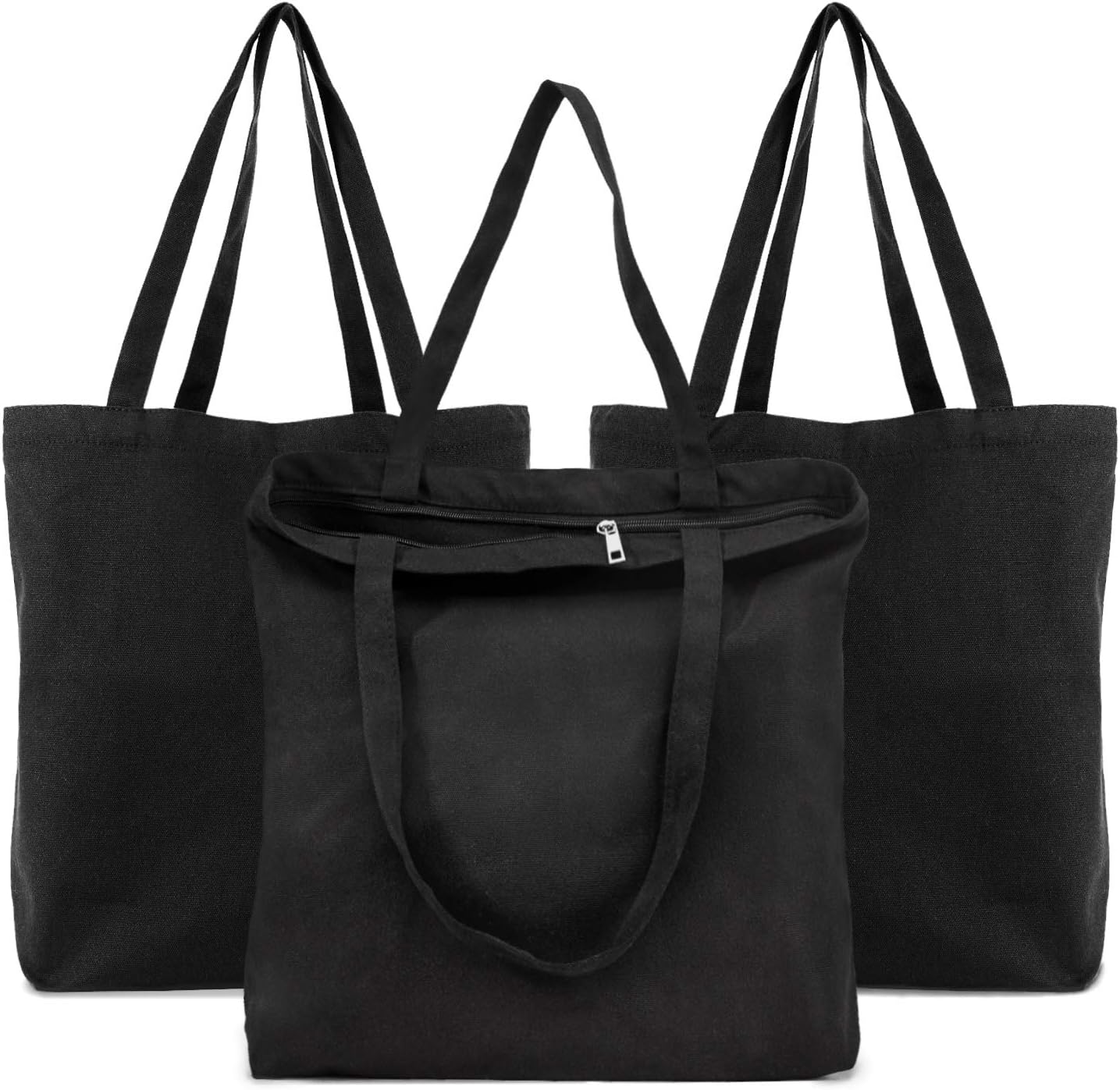 Black Canvas Tote Bag, 3 Packs 16x15 inch Canvas Bags with Zipper, 12Oz Heavy Duty Reusable Washable Grocery Shopping Bag with Handle, Blank Cotton Bags for Kids DIY Crafts Painting Bulk