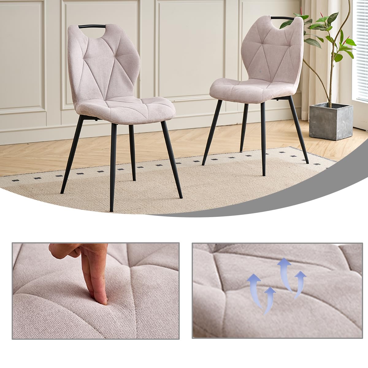 GrandCA HOME Juego de 6 sillas de Comedor, sillas nórdicas de Cocina con Asas, para Comedor y Sala de Estar, Patas de Metal y tapizado con diseño de Rombos (Beige)