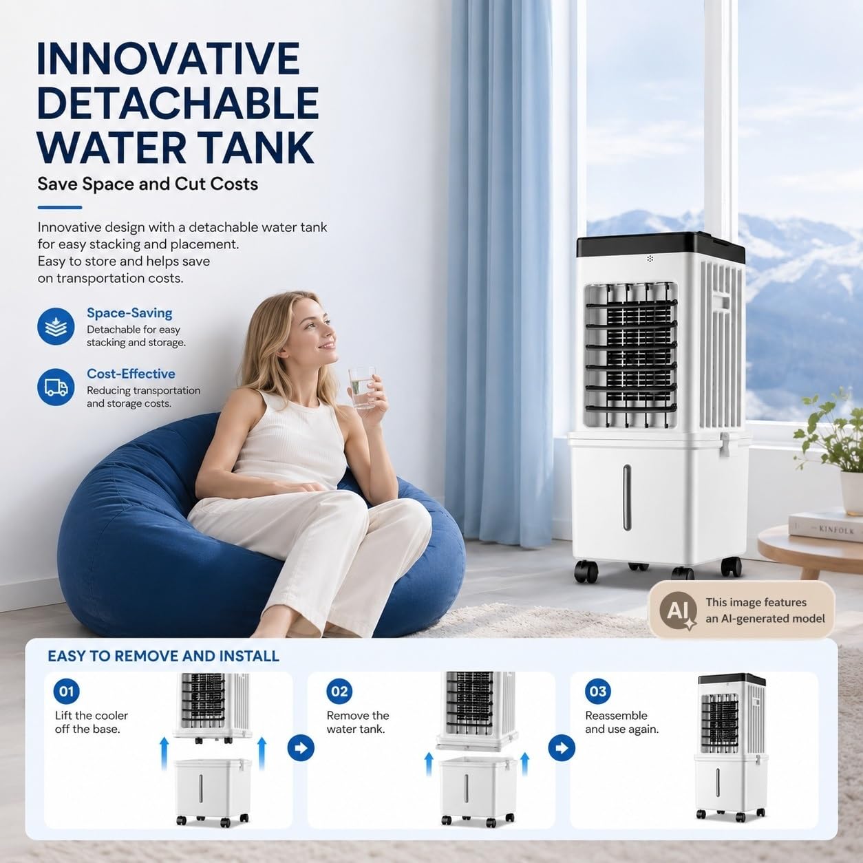 Ventilatore Raffrescatore d'Aria Evaporativo 15L, Condizionatore Portatile Senza Tubo, Timer 7,5 Ore, 3 Velocità, Ventilatore Silenzioso per Casa, Camera da Letto e Ufficio