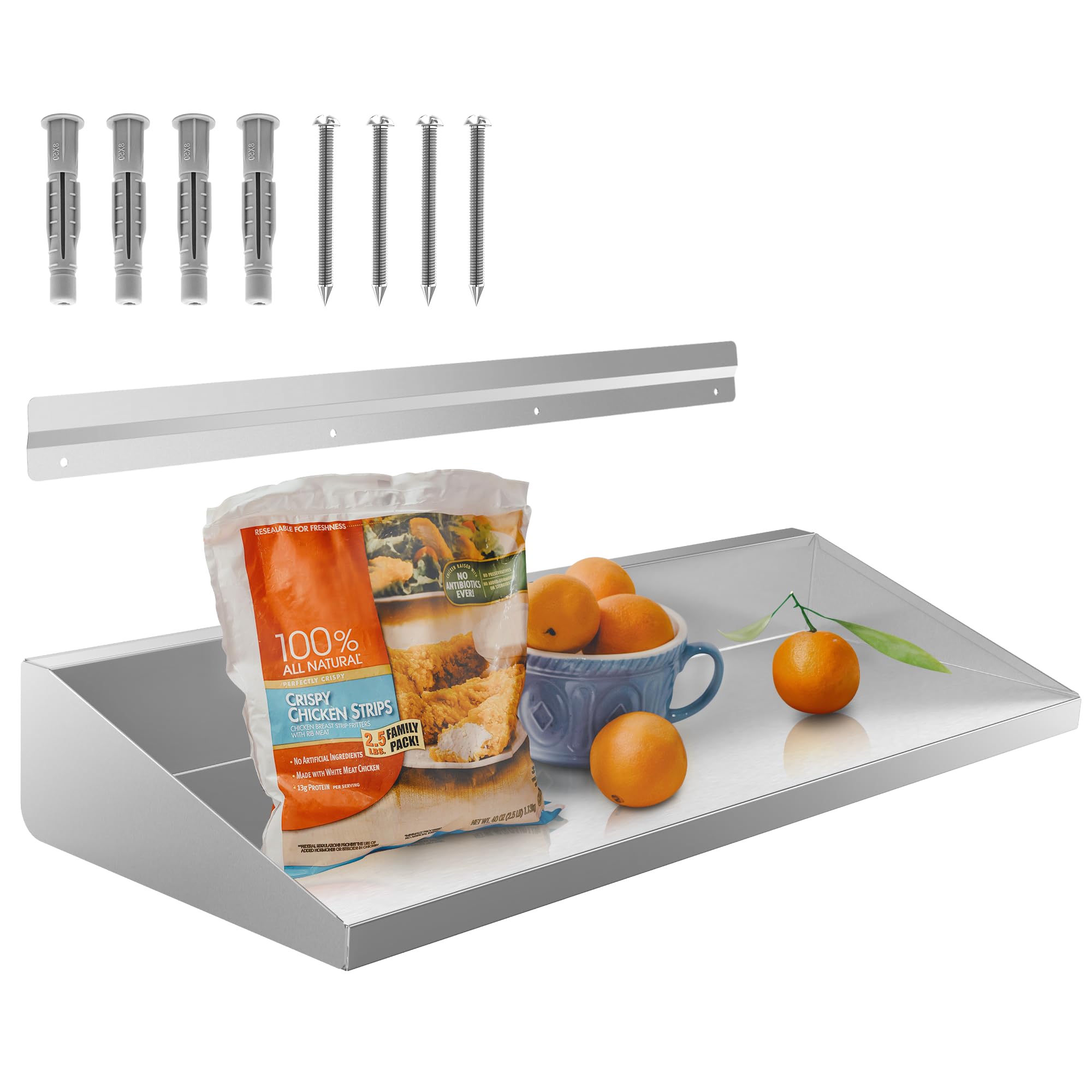 Stainless Steel Wall Shelf 8.6 x 30 Inches 64 lbs Load Heavy, Heavy-Duty Wall-Mounted Floating Shelf with Backsplash, Equipped with Silicone Mat. for Restaurant, Kitchen, Homes,Laundry Room.