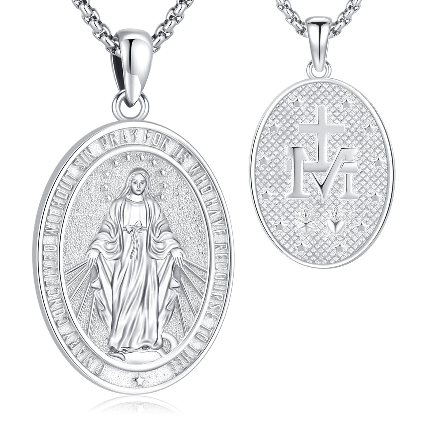 LOOVES925 Sterling Silver Miraculous Medal Necklace for Women Men Catholic  Virgin Mary Charm Pendant Necklace Blessed Mother Pendant Christian Jewelry