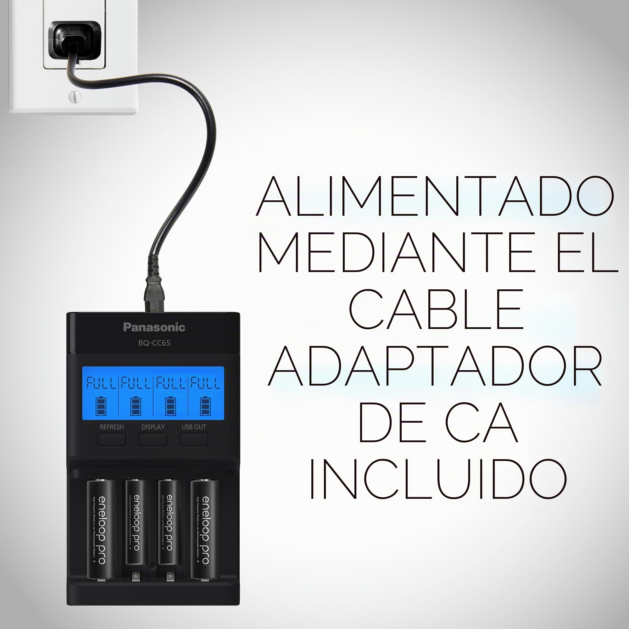 Panasonic BQ-CC65AKBBA Super Advanced Eneloop Pro y Eneloop Cargador rápido de 4 Posiciones con Panel indicador LCD y Puerto de Carga USB, Negro