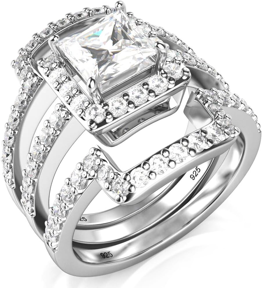 Metal Factory Sterling Silver 3Pcs 925 CZ Cubic Zirconia Engagement Wedding Band Ring Set