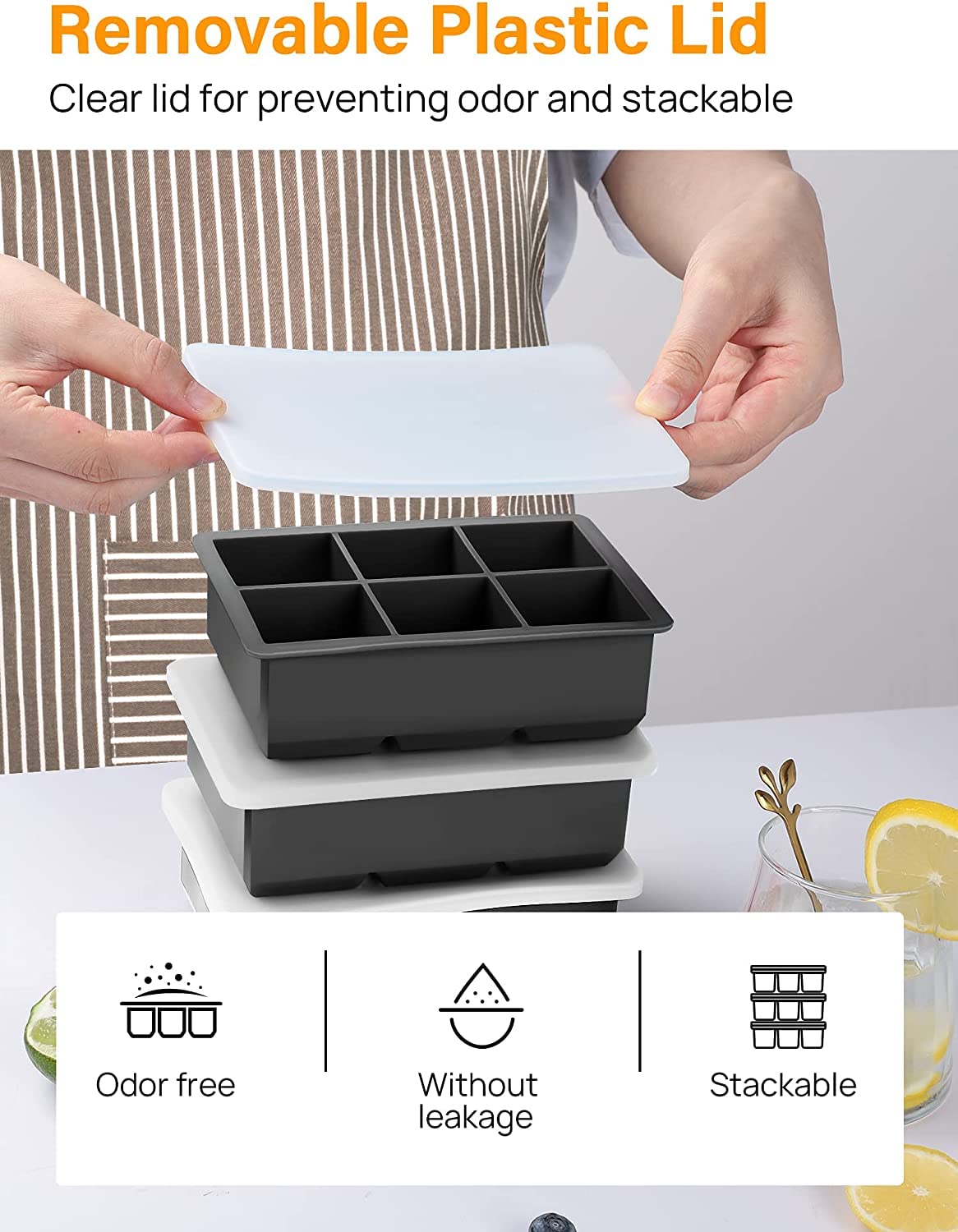 Jisile Silicone Ice Cube Trays 2 Pack, Large 6-Cavity Square Ice Cube Moulds with Spill-Resistant Lid - Image 4
