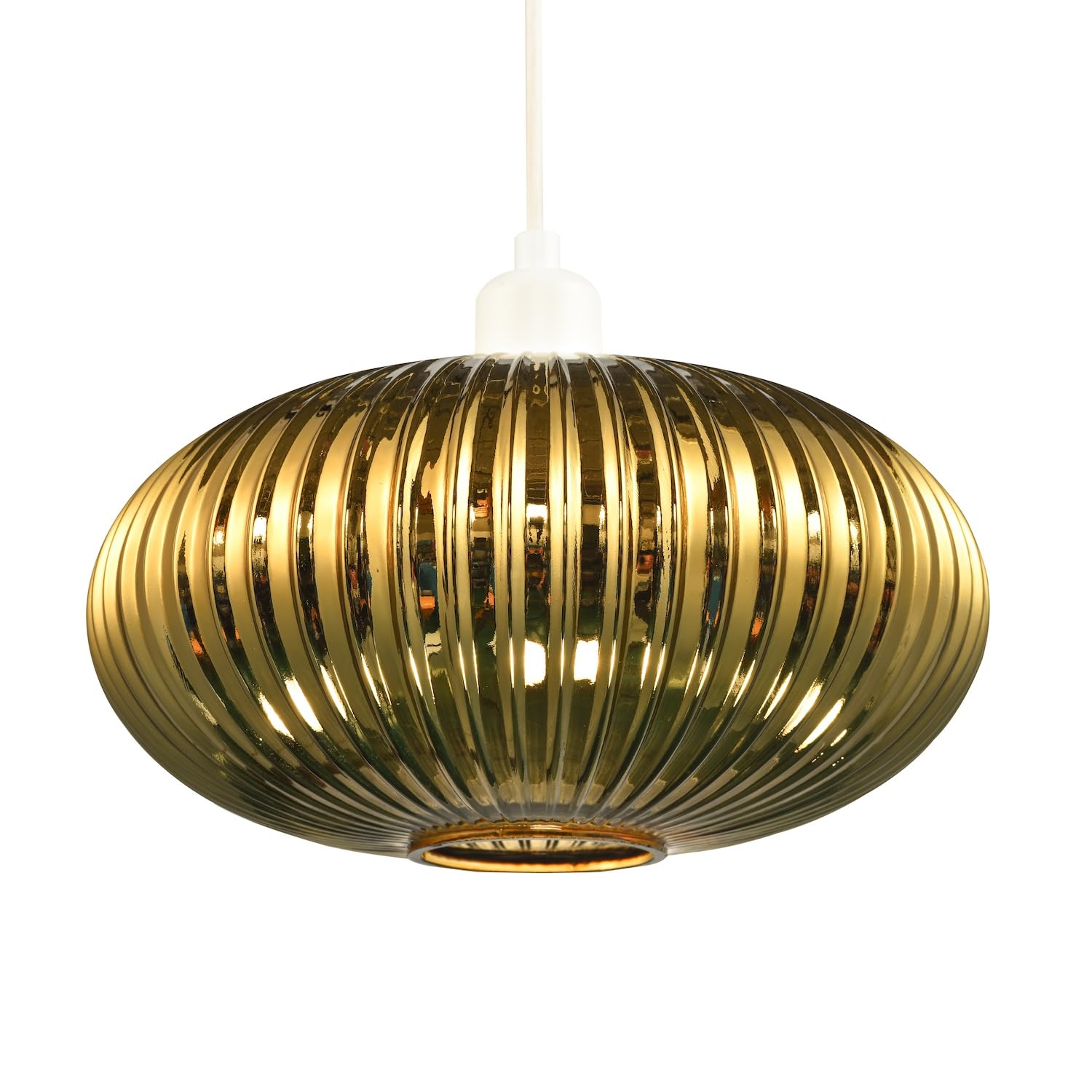 Happy Homewares Gold Modern Designer Shiny Plated Line Ribbed Glass Oval Pendant Lamp Shade