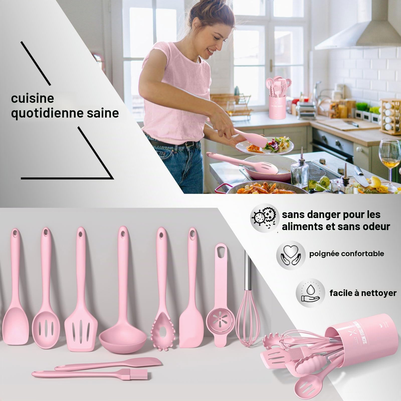 Lot de 22 ustensiles de cuisine en silicone, résistants à la chaleur, avec porte-ustensiles, sains et antiadhésifs, passent au lave-vaisselle, rose