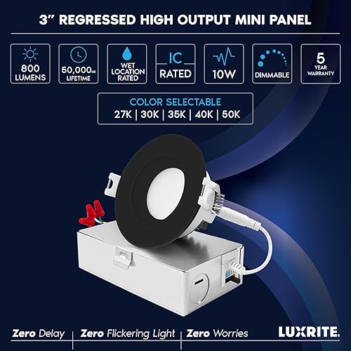 Miniatura 7 de LUXRITE Lámpara de techo empotrable LED de 3 pulgadas con caja de conexiones, 10W, 5CCT 2700K3000K3500K4000K5000K, 800LM de alto brillo, luz