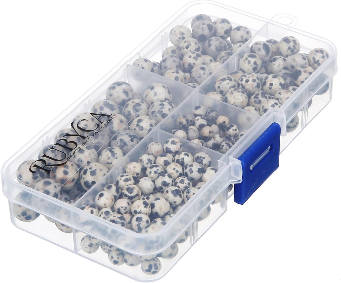 RUBYCA Natural Dalmatian Jasper Gemstone Round Loose Beads Organizer Box Jewelry Making Mix Sizes